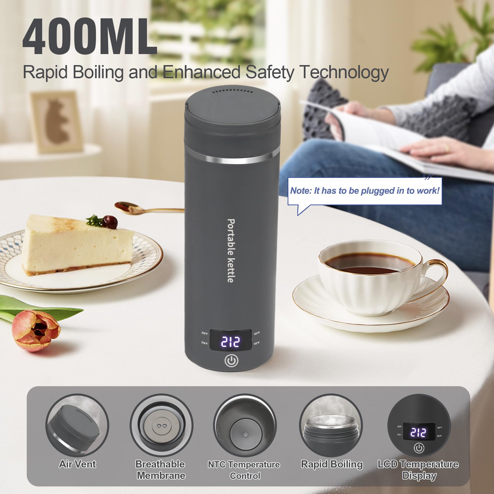 Touxila Portable Electric Kettle for Travel 120V, 13.5oz, 4 Temp Settings