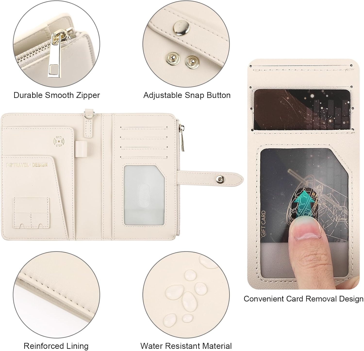 Real Leather Wallet Waterproof RFID Passport Holder Family Travel Black (Beige)