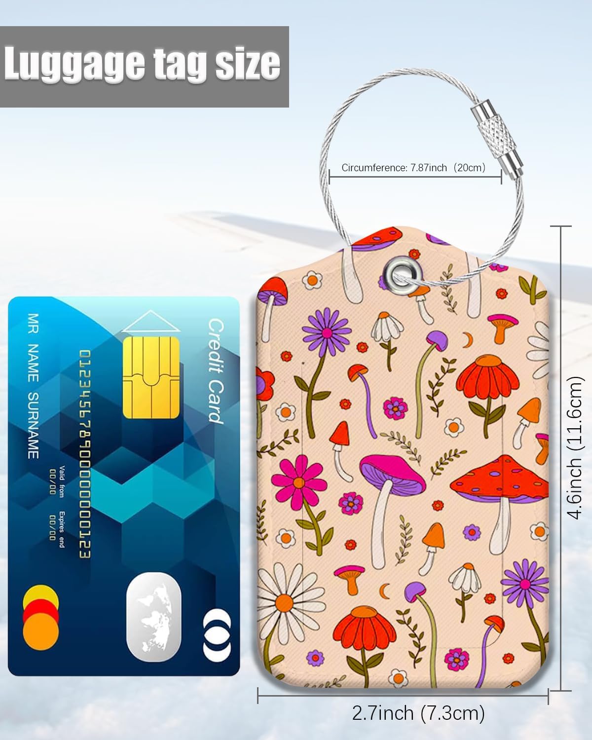 2 Pack Luggage Tags for Suitcase, Funny Creative Mushroom Leather Suitcase Tags Cruise Ship with Privacy Cover and Double Metal Loop for Women Men Girls Boys Travel Baggage Bag Backpack Tags