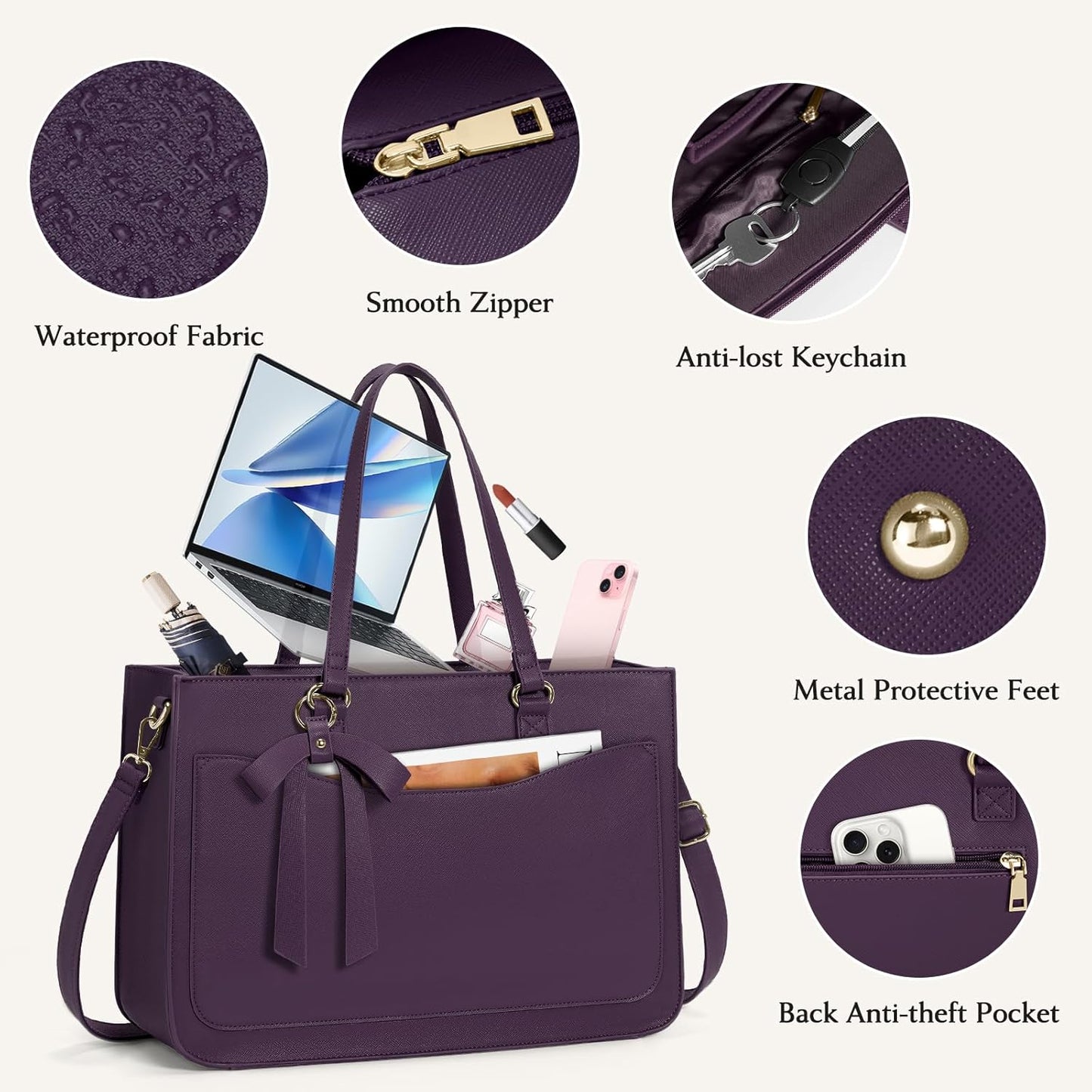 RAINSMORE Laptop Bag for Women 15.6 Inch Work Tote Bags Leather Laptop Tote Waterproof Computer Bag Professional Office Business Briefcase Large Handbag for College Teacher Travel, Purple