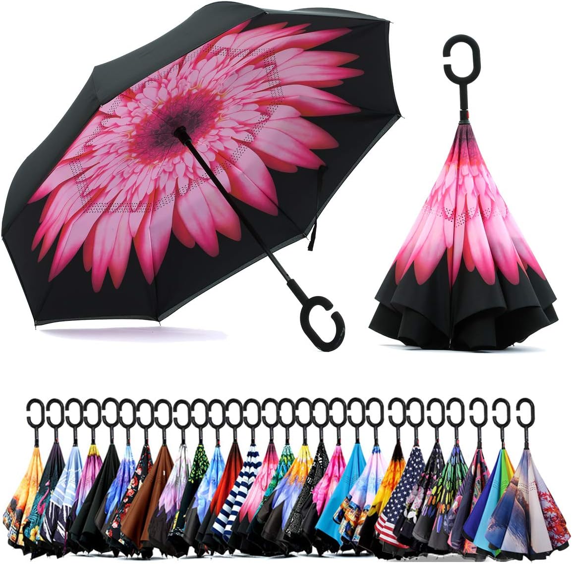 SIEPASA 49/56 Inch Inverted Reverse Upside Down Umbrella, Extra Large Double Canopy Vented Windproof Waterproof Stick Golf Umbrellas with C-shape Handle.