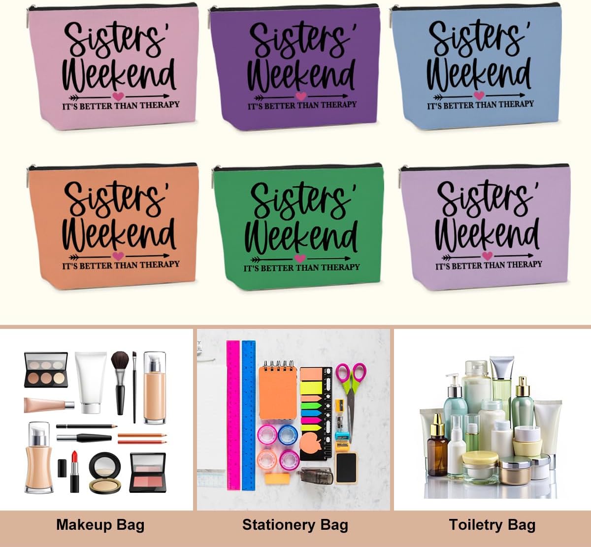 6 PCS Sister Gifts Girls Trip Gifts Favors Girls Trip Makeup Bag Girls Weekend Gifts for Women Girls Weekend Gifts Ideas for Friend Cosmetic Bag Weekender Bag for Women Christmas Holiday Vacation