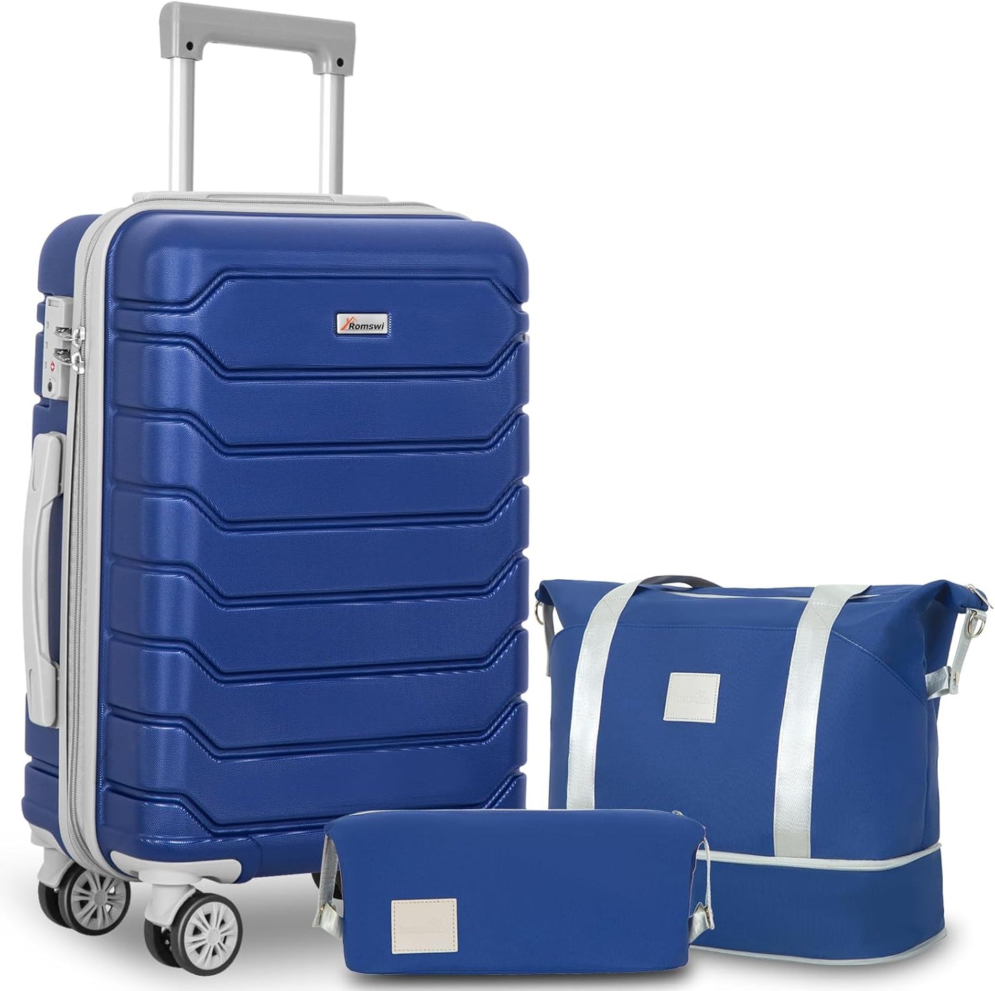 Romswi 3 Pcs Carry On Luggage Sets,20'' Lightweight PC+ABS Hardshell Luggage with TSA Lock 8 Spinner Wheels, Durable Suitcase Sets with Duffel Bag,Navy