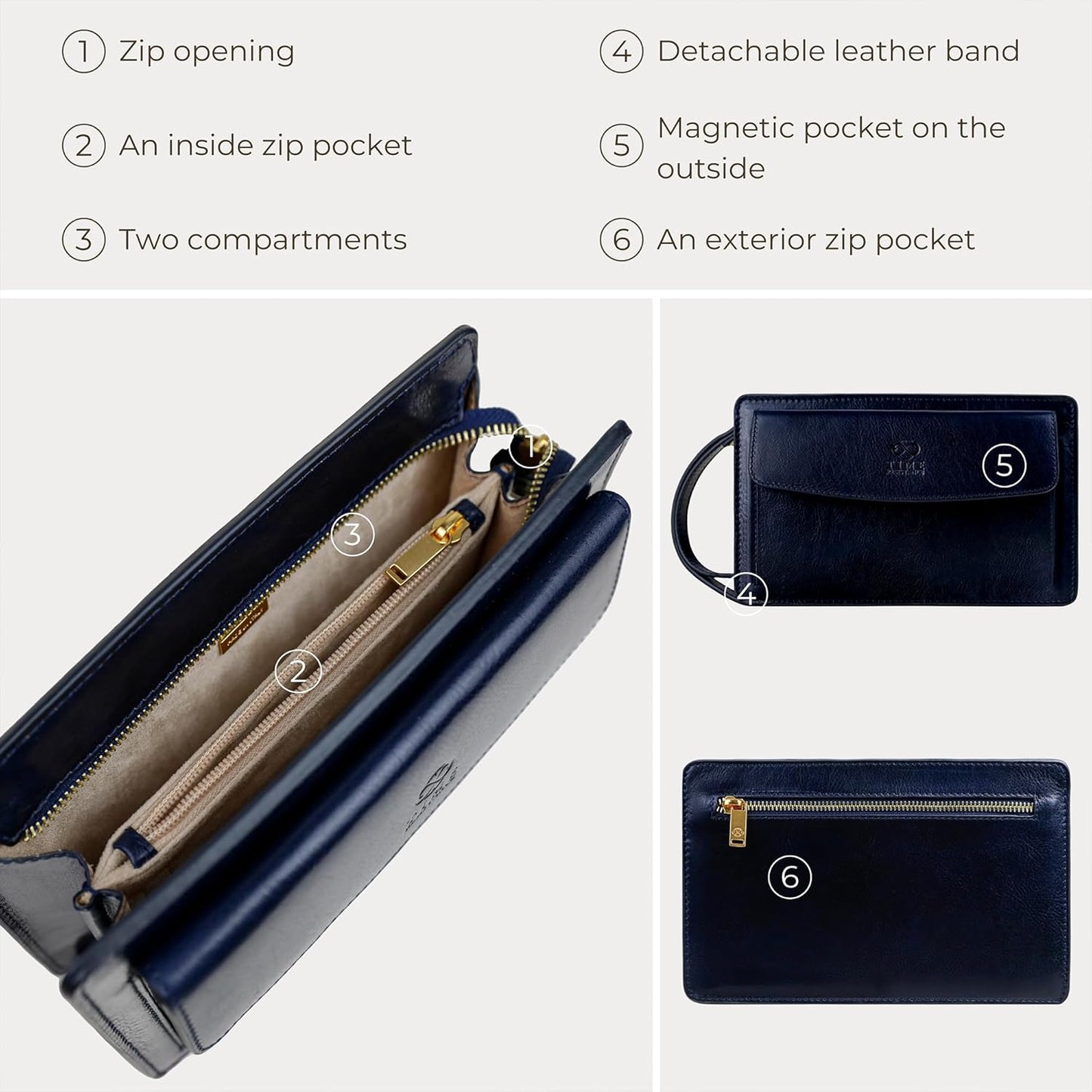Time Resistance Leather Clutch for Men Organizer Wrist Bag Briefcase Handmade in Italy Gift Box Included