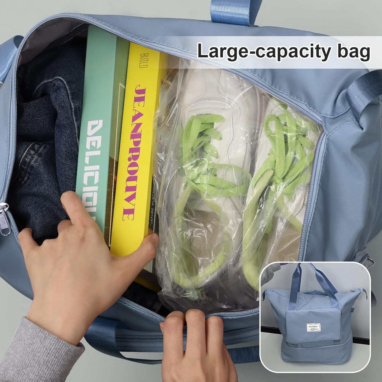 Large Capacity Folding Travel Tote Bag, Oxford Fabric Waterproof Lightweight Foldable Travel Duffel Bag, Portable Expandable Travel Bag, Dry and Wet Separation Carry On Bag for Airplanes