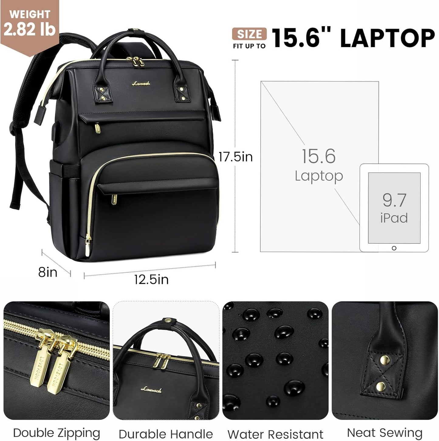 LOVEVOOK Leather Laptop Backpack for Women 17 inch,Travel Backpack Purse Nurse Teacher Backpack Computer Laptop Bag,Professional College Business Work Bags Carry On Backpack with USB Port,Black
