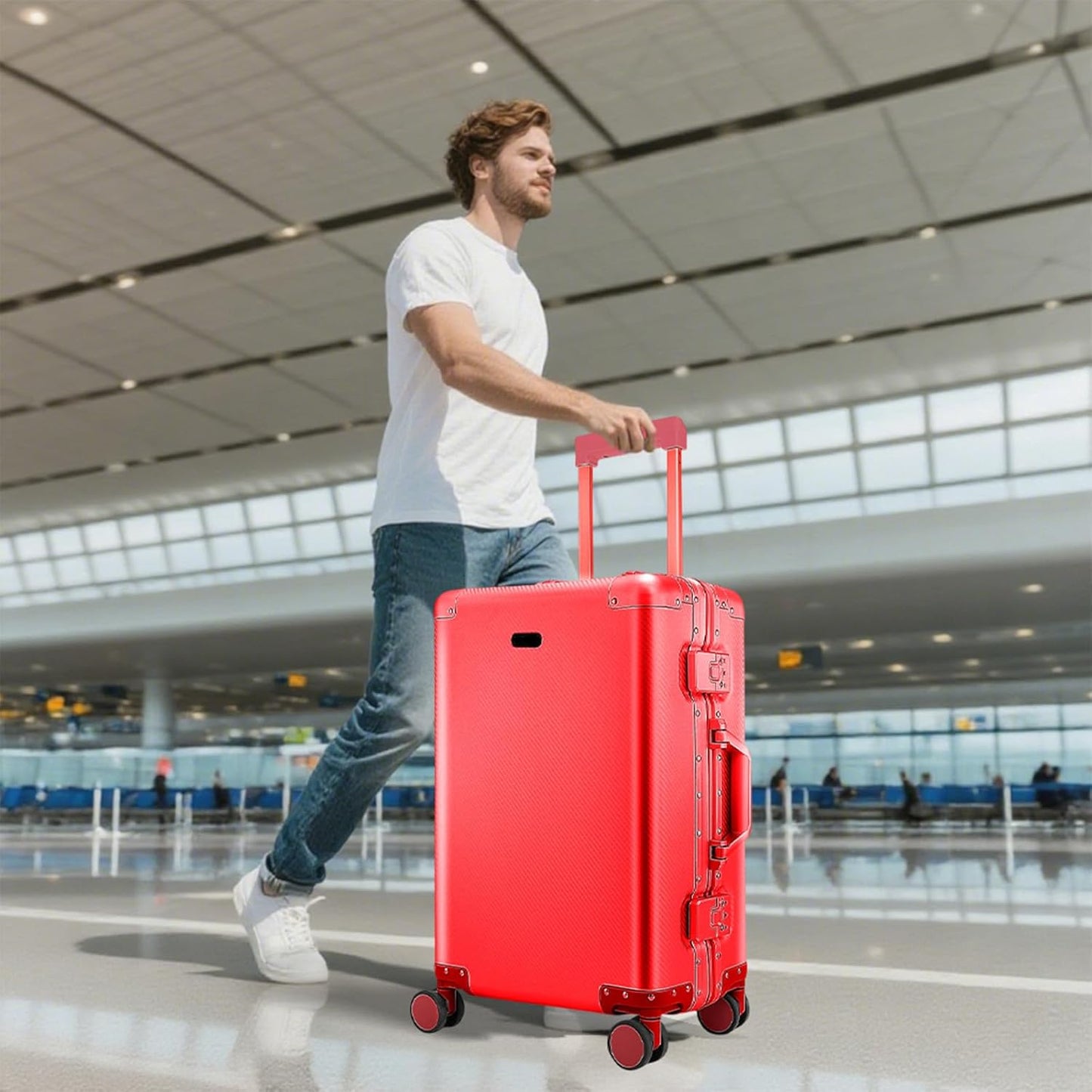 Tmore Aluminum Frame Luggage with No Need to Check in, Hardside Suitcase with Spinner Wheels, Metal Travel Luggage with Double Tsa Locks, 20 Inch, Red Small