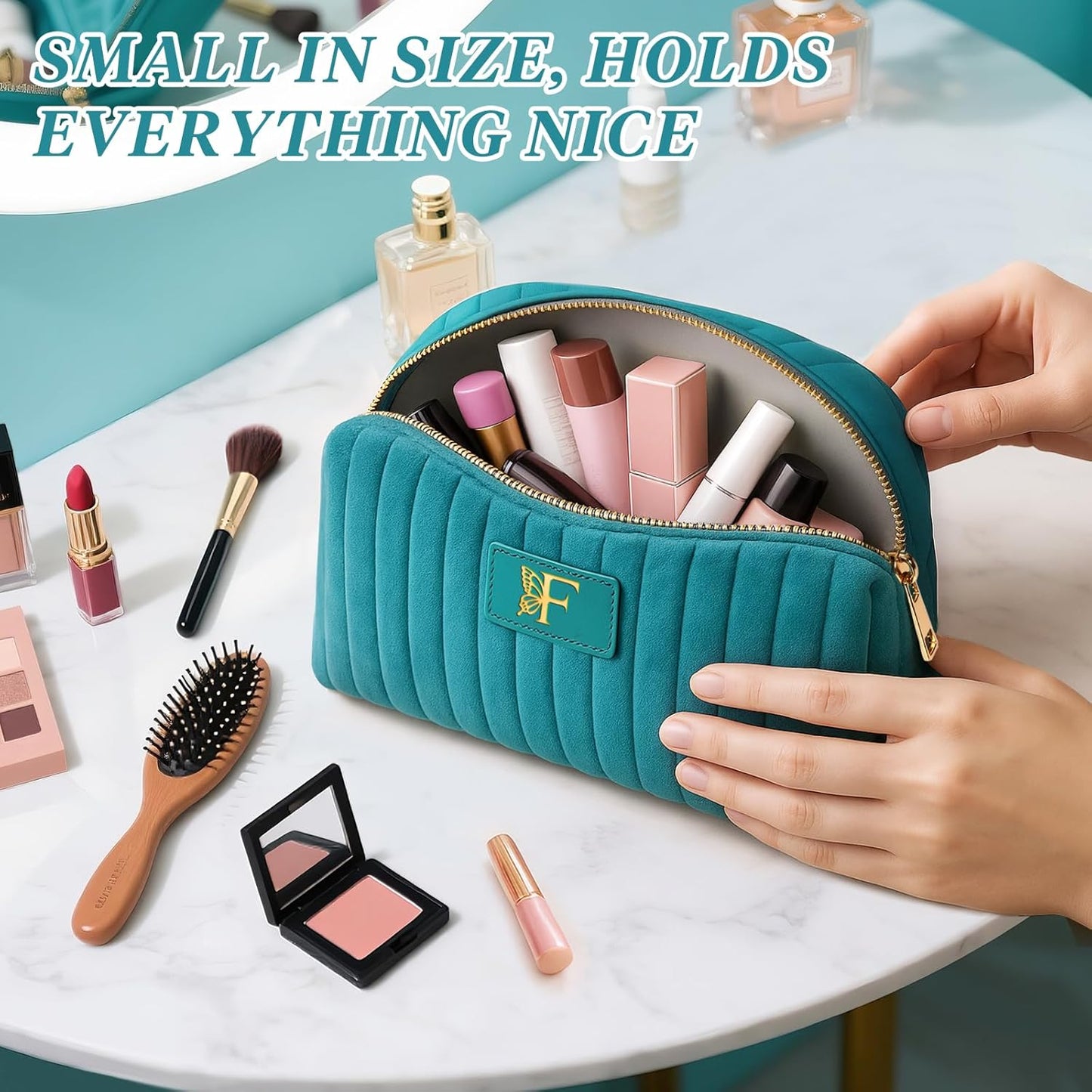 Monogrammed Make Up Bags for Women,Personalized Cosmetic Bags Women,Small Quilted Makeup Pouch,Cute Makeup Bag Travel,Birthday Gifts for Teen Girl (Blue F)
