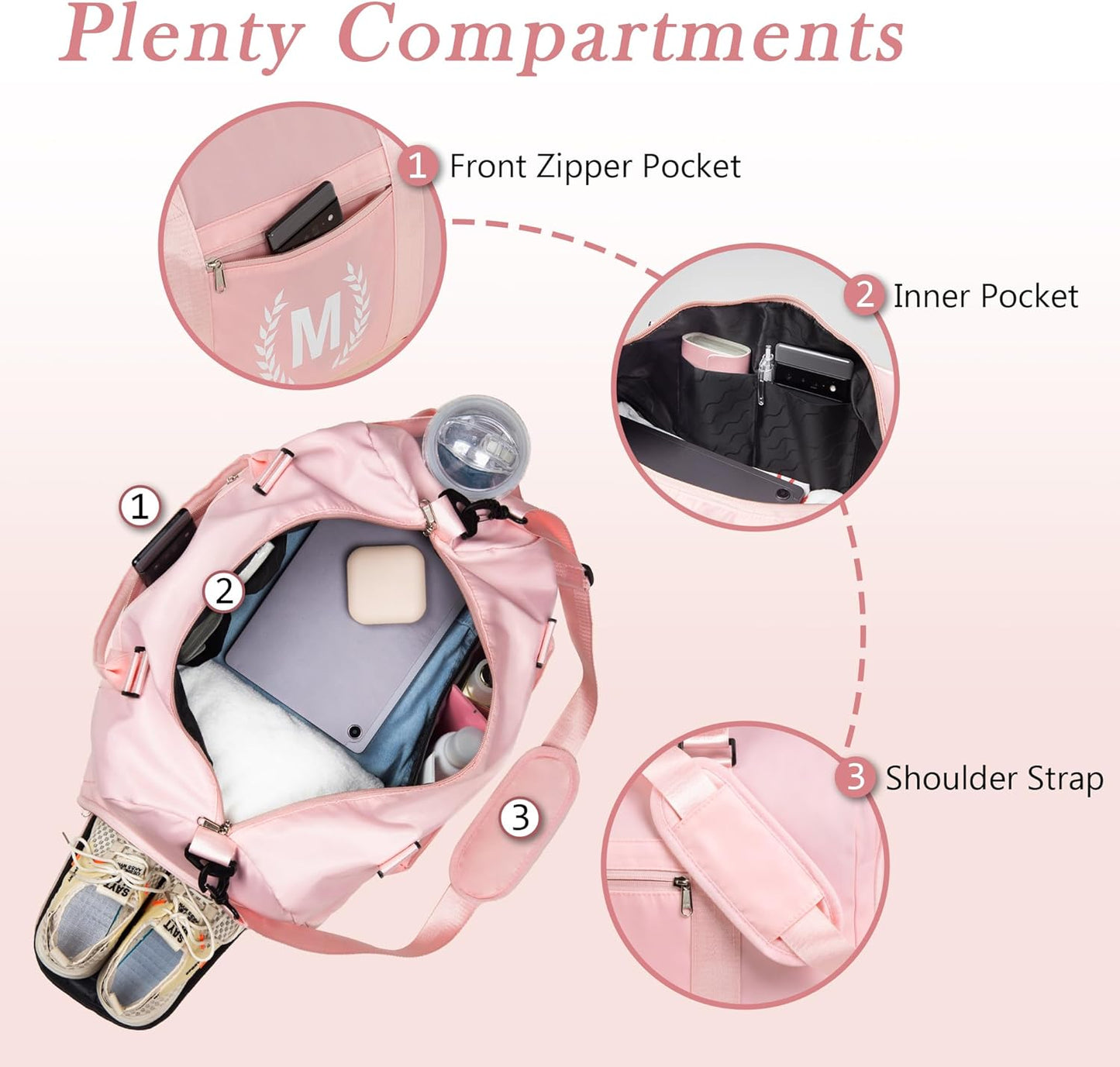 Gym Bag for Women, Personalized Duffle Bag with Shoe Compartment, Sports Bag for Yoga & Dance with Wet Pocket and Mat Strap.