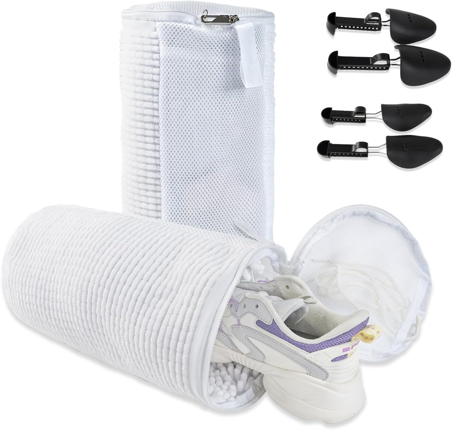 GOGOODA Shoes Was Bags for Laundry with Shoe Trees, 2 PCS Sneakers Washing Bags for Washers and Dryers, Durable Shoe Cleaning Bag for Gym, Tennis Shoes Unstain Cleaner Kit(White, 2Pack)