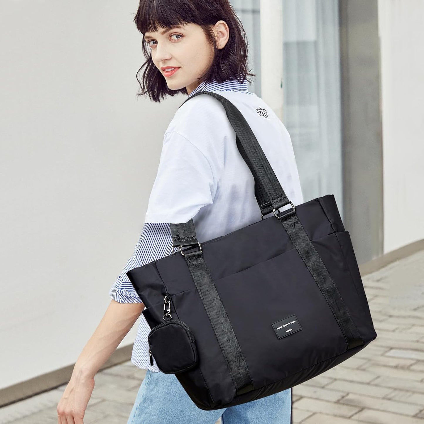 Hanke Laptop Tote Bag with Zipper Lightweight Womens Tote Bags for Work Nylon Bag Shoulder Bag Weekend Bag Travel Bag Sports Gym Bag .（Graphite Black）