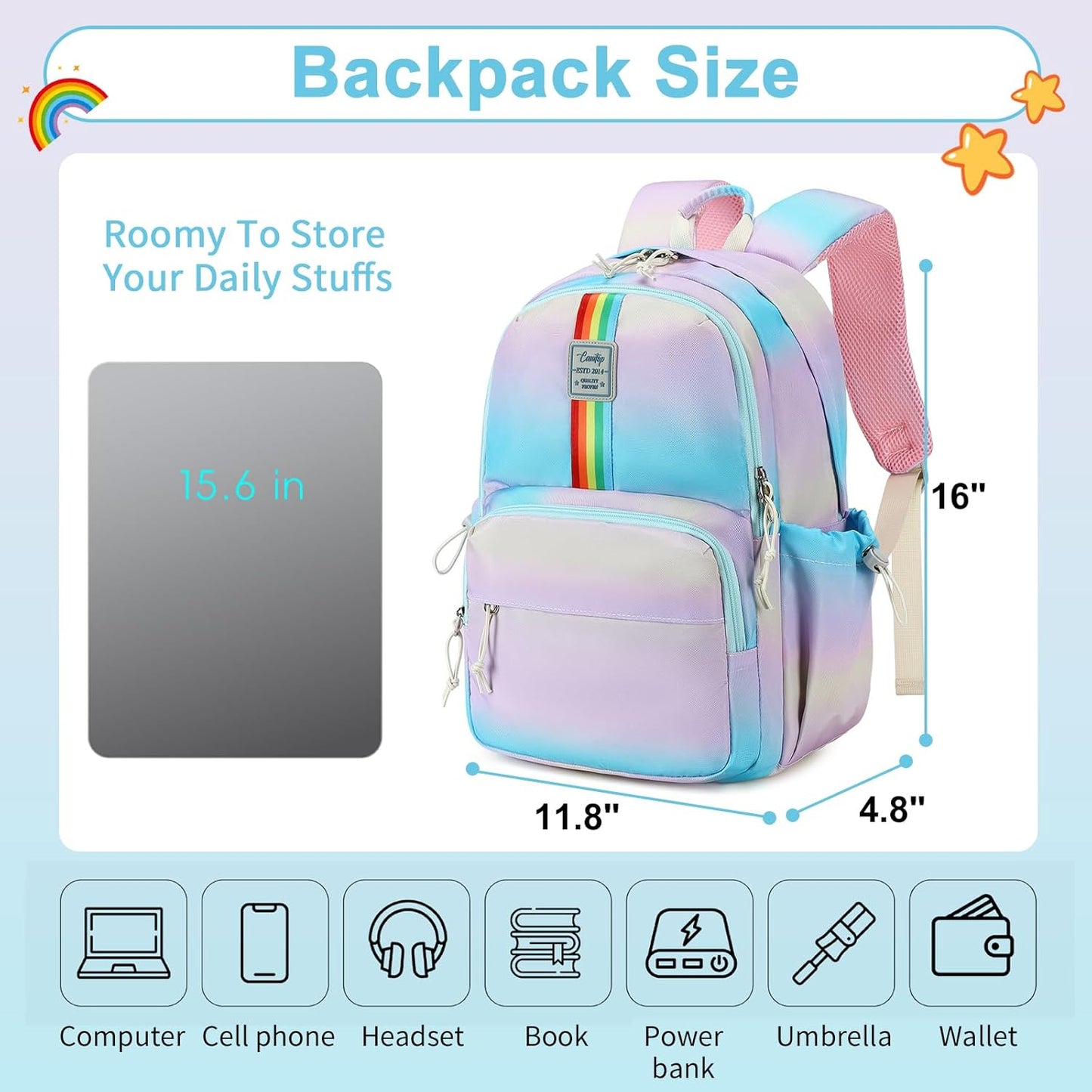 CAMTOP School Backpack for Girls, Kids Backpack for Elementary Middle Ages 8-10 Fit 15.6 Inch Laptop, Lightweight Travel Casual Daypack (Gradient)