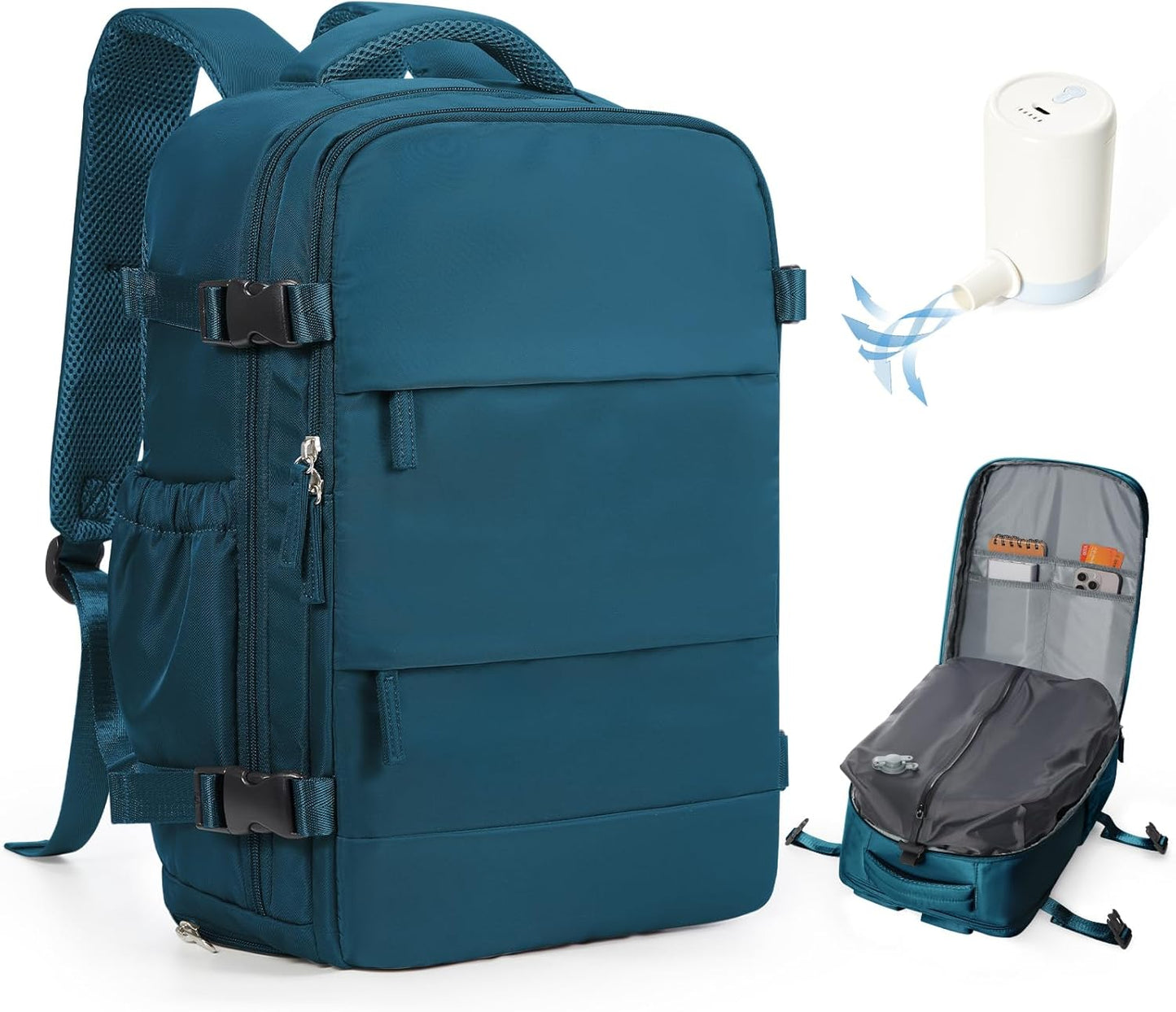 Vacuum Backpack Travel with Pump,Travel Backpack with Vacuum System, Shoe Compartment,United Airlines Personal Item Bag 17x10x9,Mochila compresion al vacio,Peacock Blue