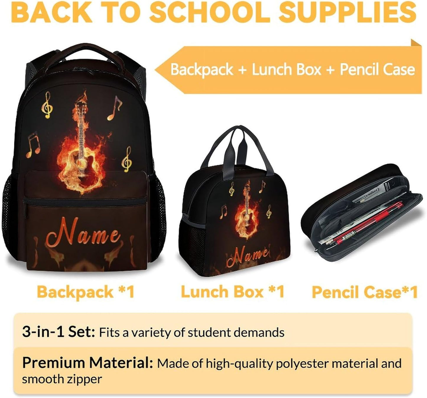 Mercuryelf Personalized Guitar Kids Backpack with Lunch Box Set, 3 in 1 School Backpacks Matching Combo, Cool Black Flame Bookbag and Pencil Case Bundle