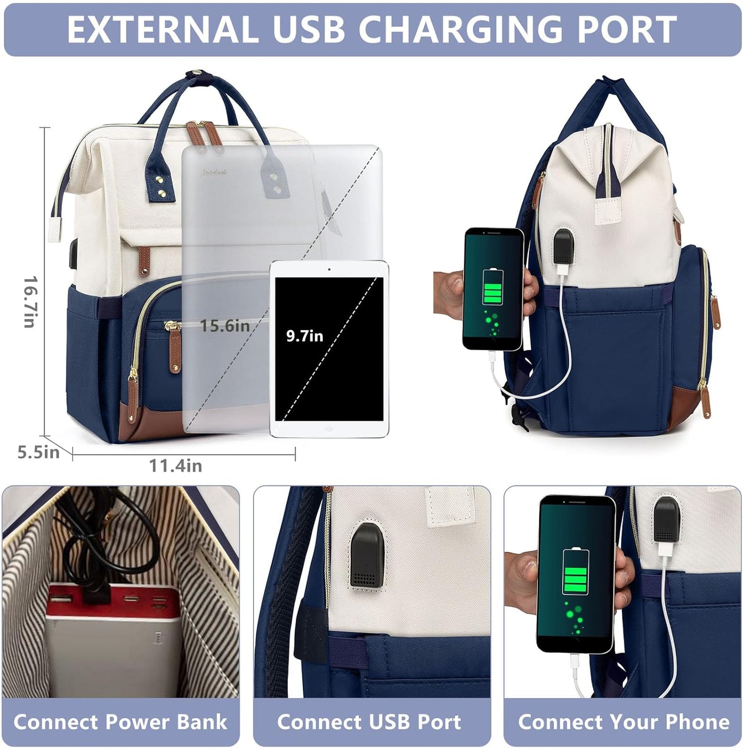 Laptop Backpack for Womem Work Bags: 15.6 Inch Travel BackPacks Durable Back Pack With USB Charging Port Anti Theft Fashion College BookBag Purse Bussiness Daypack for Nurse Teacher Navy Beige