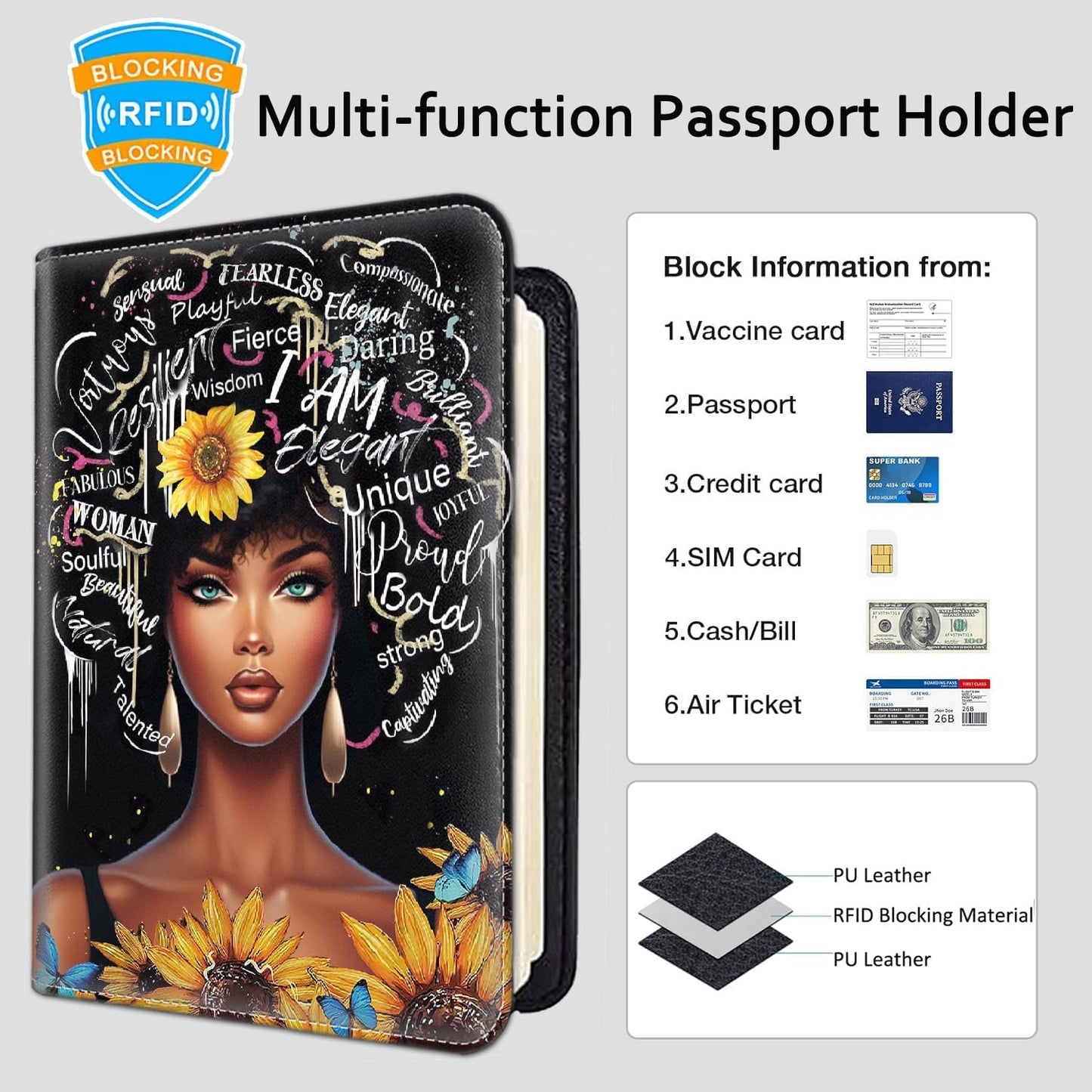 Passport Holder Women Wallet with Luggage Tag, Leather Passport Cover with RFID Blocking, Travel Accessories Multi Card Slot Passport Case for Men，I AM Courageous Black Girl