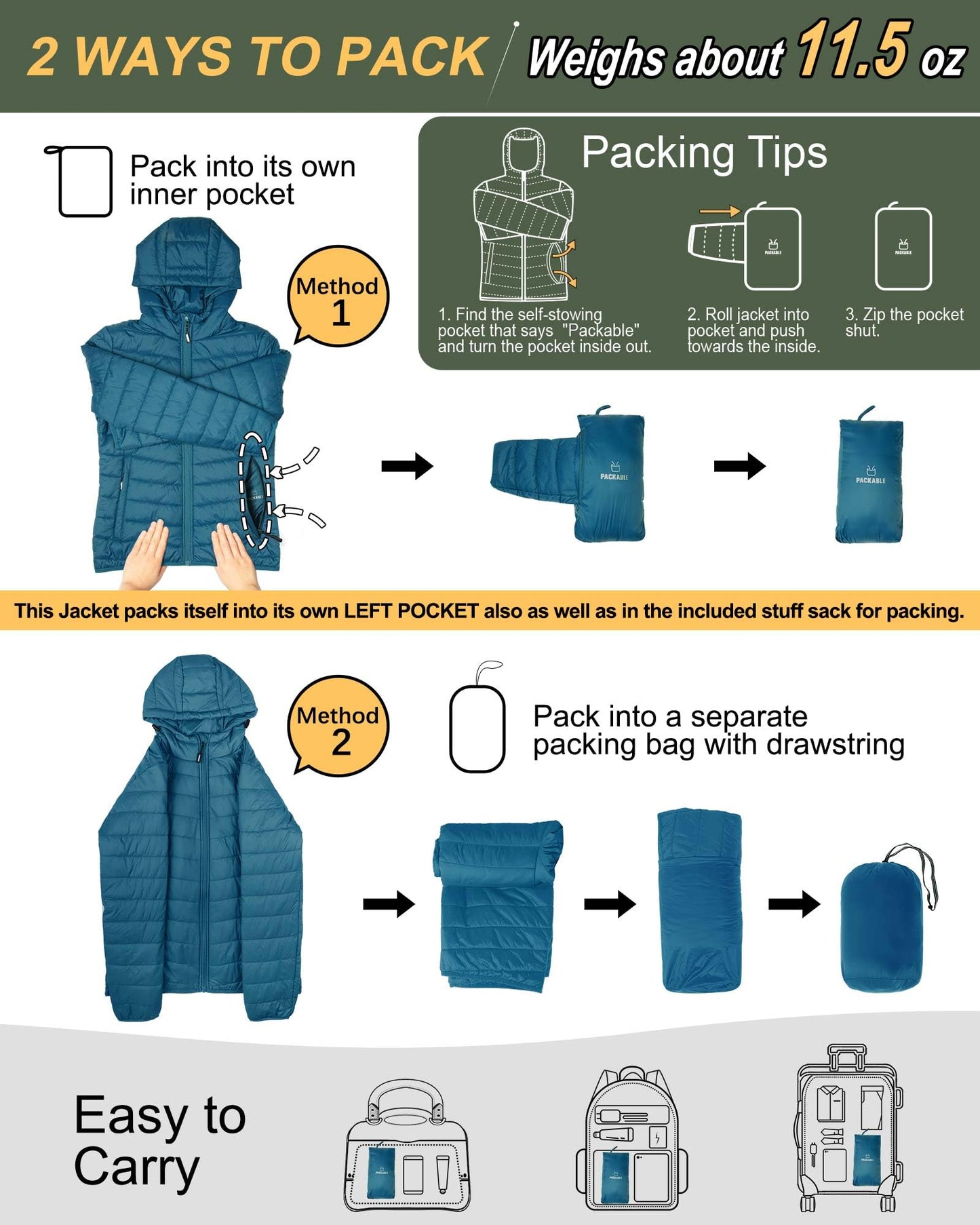 Outdoor Ventures Women's Packable Lightweight Full-Zip Puffer Jacket with Hood Quilted Winter Coat