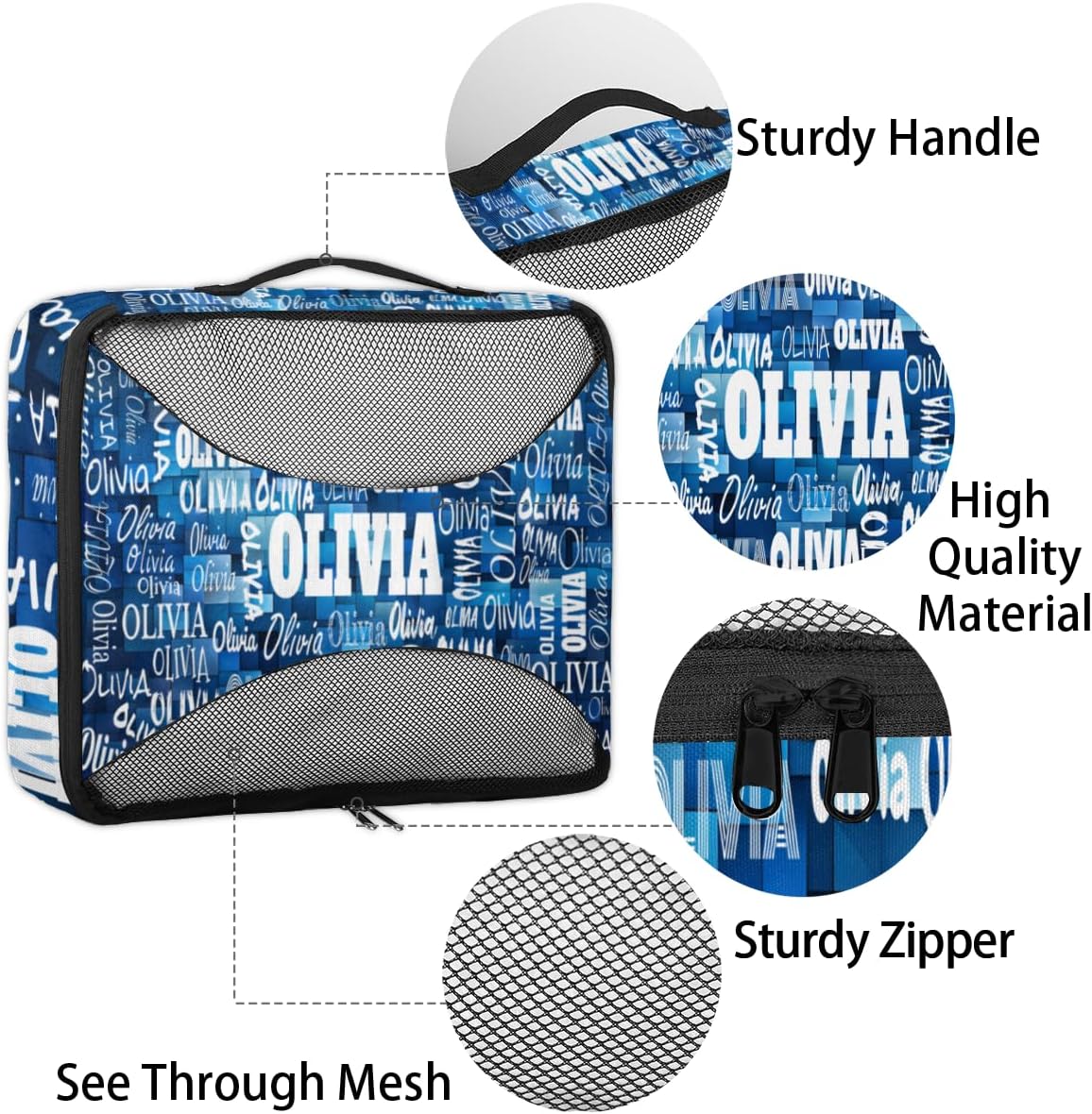 Custom 4 Set Packing Cubes for Travel, Personalized Mesh Travel Luggage Packing Organizers for Women Men, Watercolor Blue Geometric Pattern for Men Boys