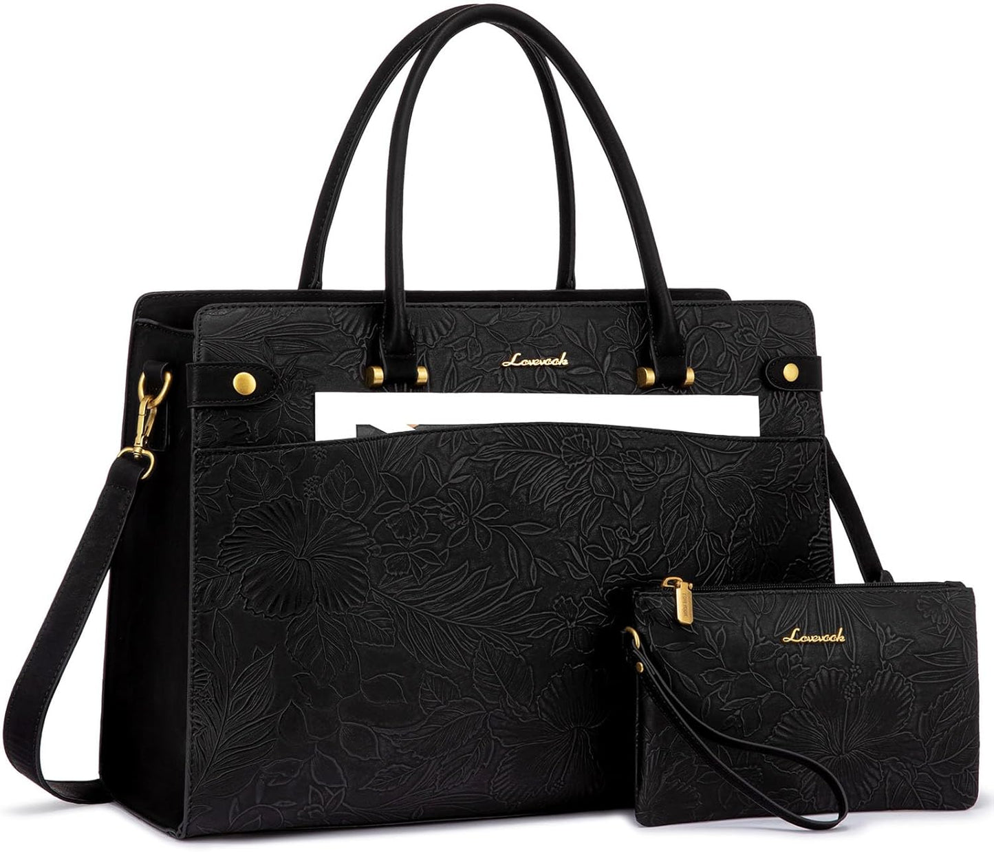LOVEVOOK Laptop Tote Bag For Women Work, Vintage Leather Computer Bags For Laptops For Women, Waterproof Laptop Bag Business Briefcase Office Large Shoulder Handbag Purse, 15.6 Inch, Black Embossed