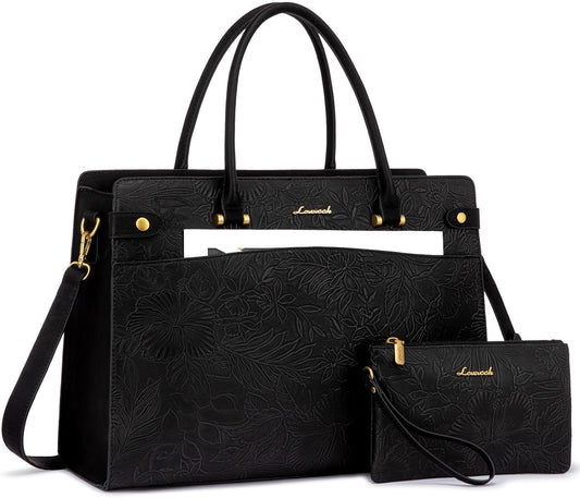 LOVEVOOK Laptop Tote Bag For Women Work, Vintage Leather Computer Bags For Laptops For Women, Waterproof Laptop Bag Business Briefcase Office Large Shoulder Handbag Purse, 15.6 Inch, Black Embossed