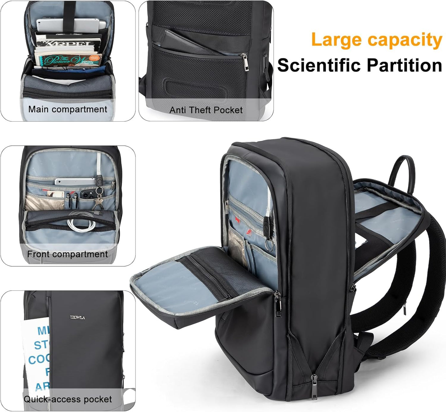Tzowla Business Expandable Laptop Backpack for Men Professional,Slim Waterproof Backpacks for Travel/Work/Office/College with USB/Type C Charging Port,Lightweight Bag Fit 17.3 Inch Notebook(Black)