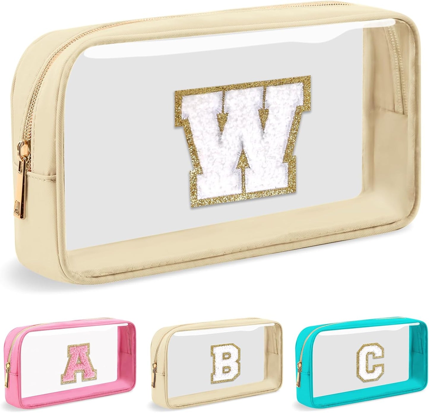 Personalized Initial Letter Clear Makeup Bag,Preppy Small Nylon&PVC Cosmetic Zipper Bag with Chenille Letter,Portable Beach Travel Skincare Toiletry Bag,Trendy Monogram Gift for Teen Girls Women,W