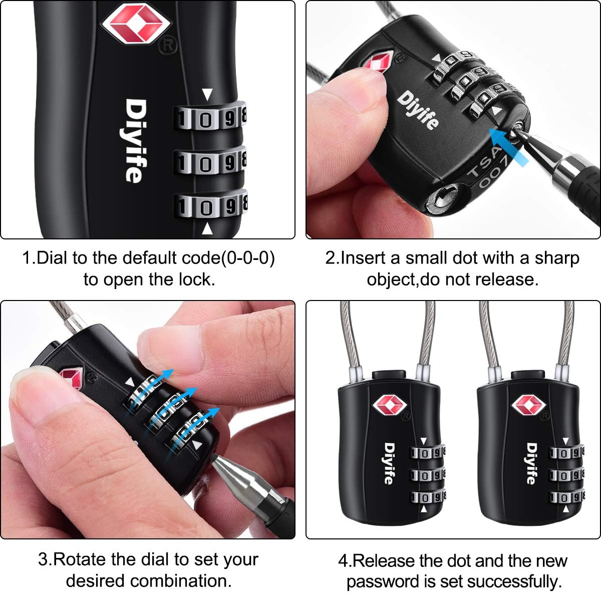 Diyife TSA Approved Locks 4 Pack, Keyless Cable Suitcase Locks, Zinc Alloy, 3 Digit Combination Locks for Travel, Bags, Backpack, Baggage, Black, Blue, Red, Orange