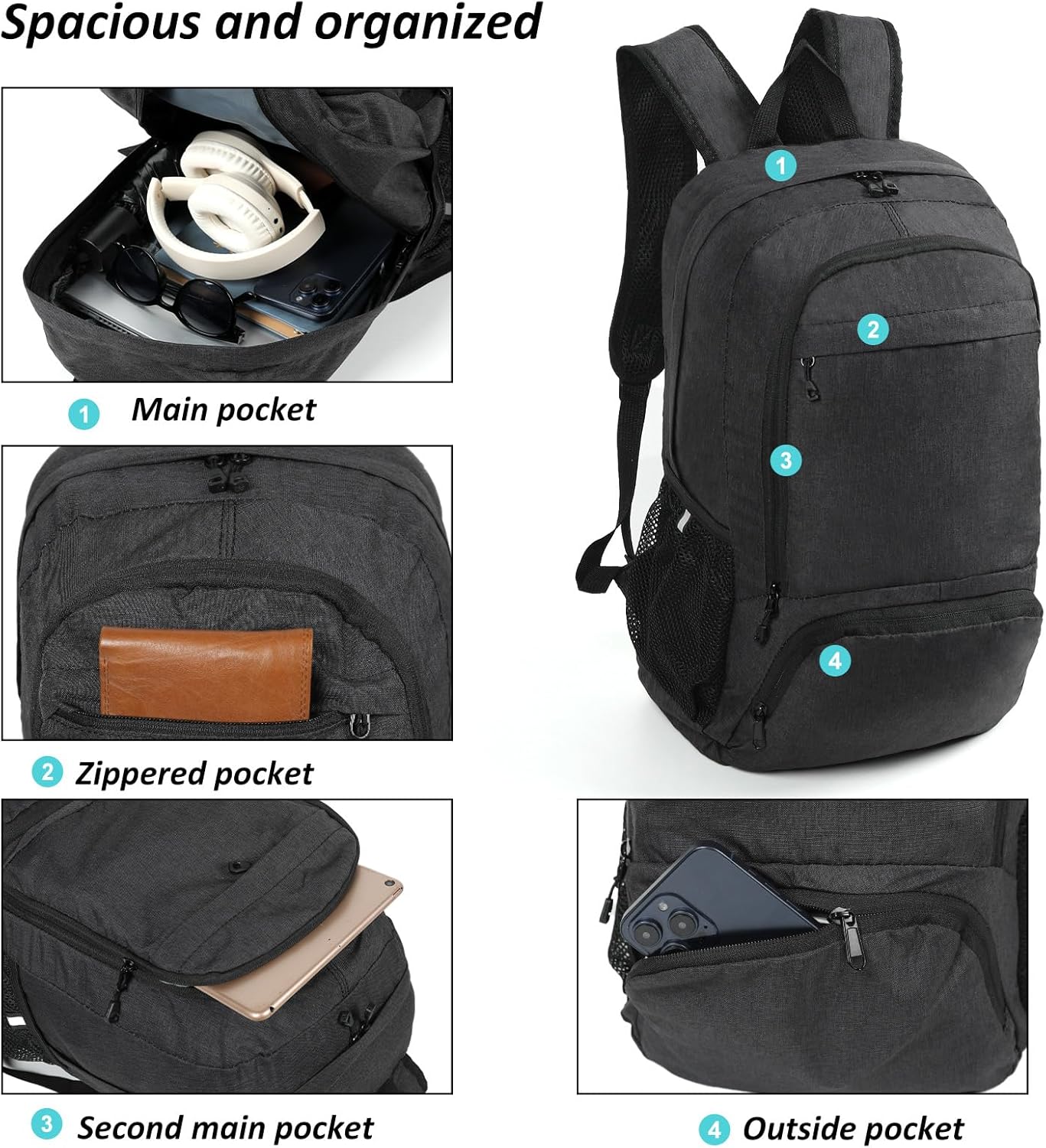 TANTOMI Small Hiking Backpack 25L Ultralight Foldable Camping Backpack Breathable Travel Backpacks Hiking Daypack for Men Women (Black)