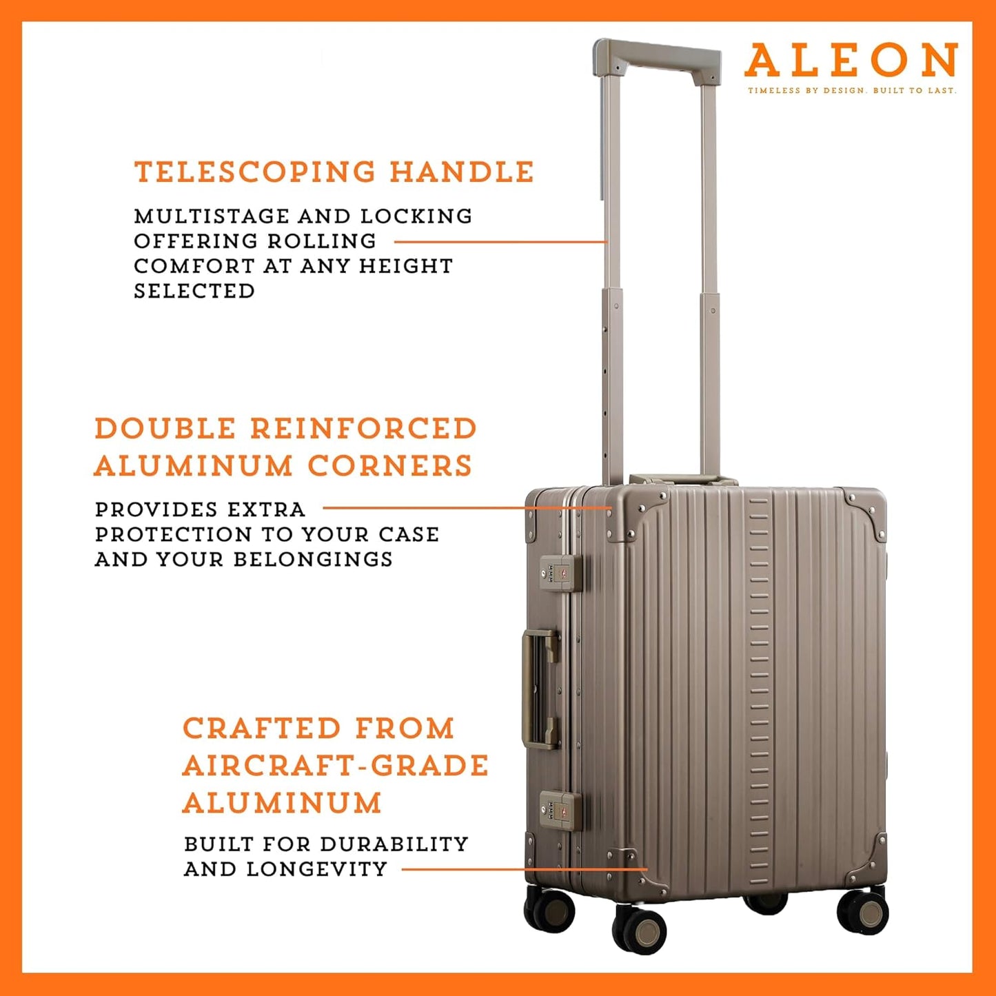 Aleon All Aluminum Lightweight Carry-On Luggage - Hardside Carry-On Suitcase, TSA Approved, Hard Shell Suitcase for Travel, Airline Approved 21 Inch Hard Spinner Wheels Luggage (Bronze)