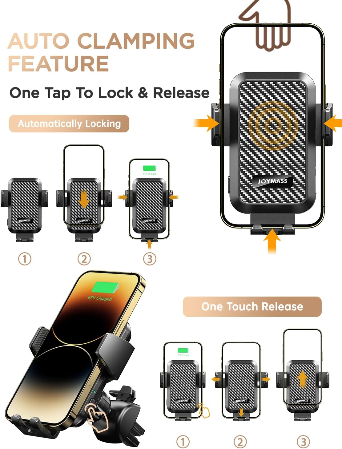 Wireless Car Charger, 15W Fast Charging Auto Clamping Car Charger Cell Phone Holder Mount Vent for iPhone 15 14 13 12 Mini Pro Max 11 XR XS X, Samsung Galaxy S23 Ultra S22 S21+ Note 20, etc