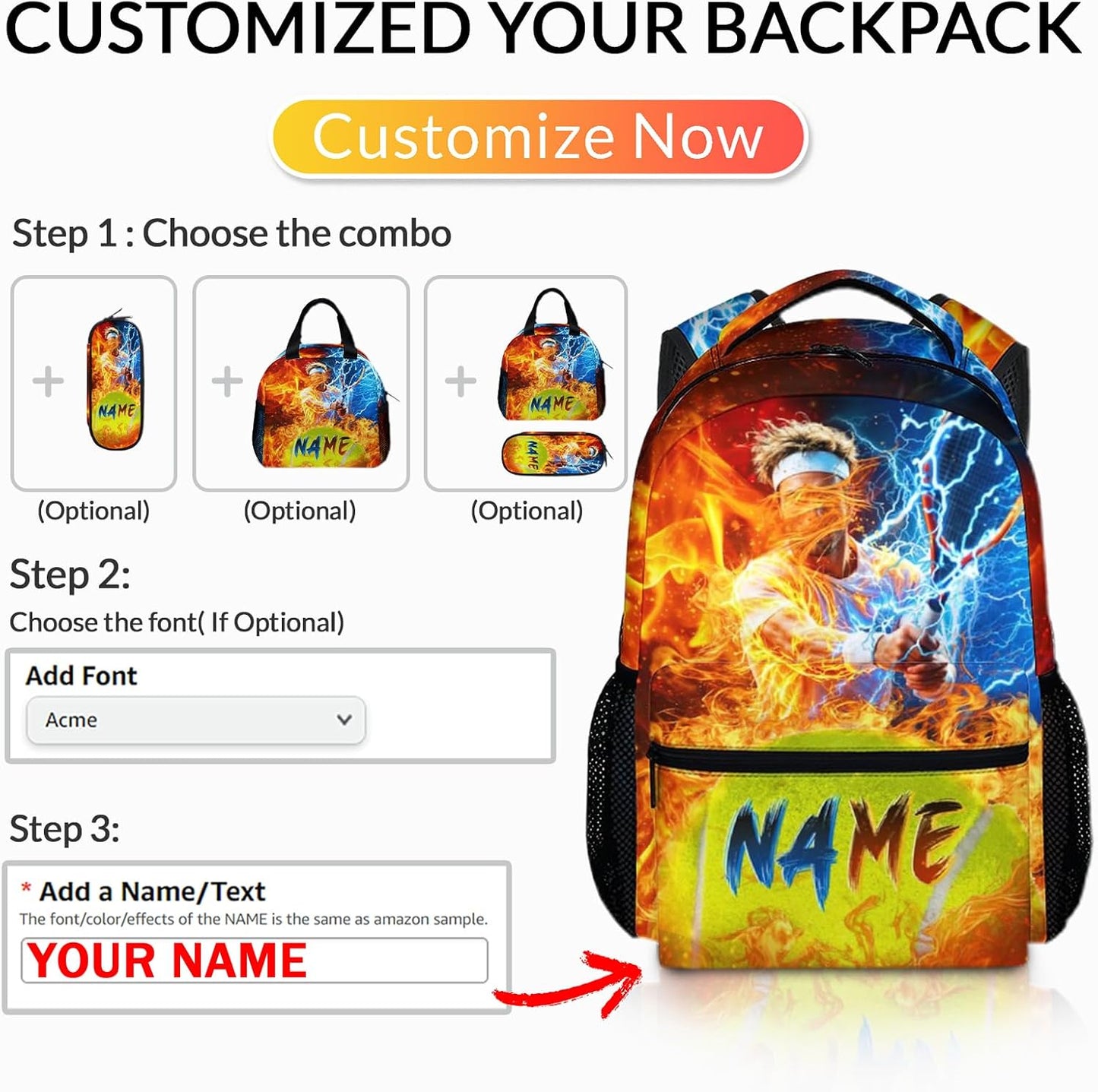Backpack for Boys Kids, Personalized Tennis Backpacks with Name for Elementary Middle Primary High Senior, 17 Inch Lightweight Custom Cool Sport Bookbag, Ideal Back to School Supplies