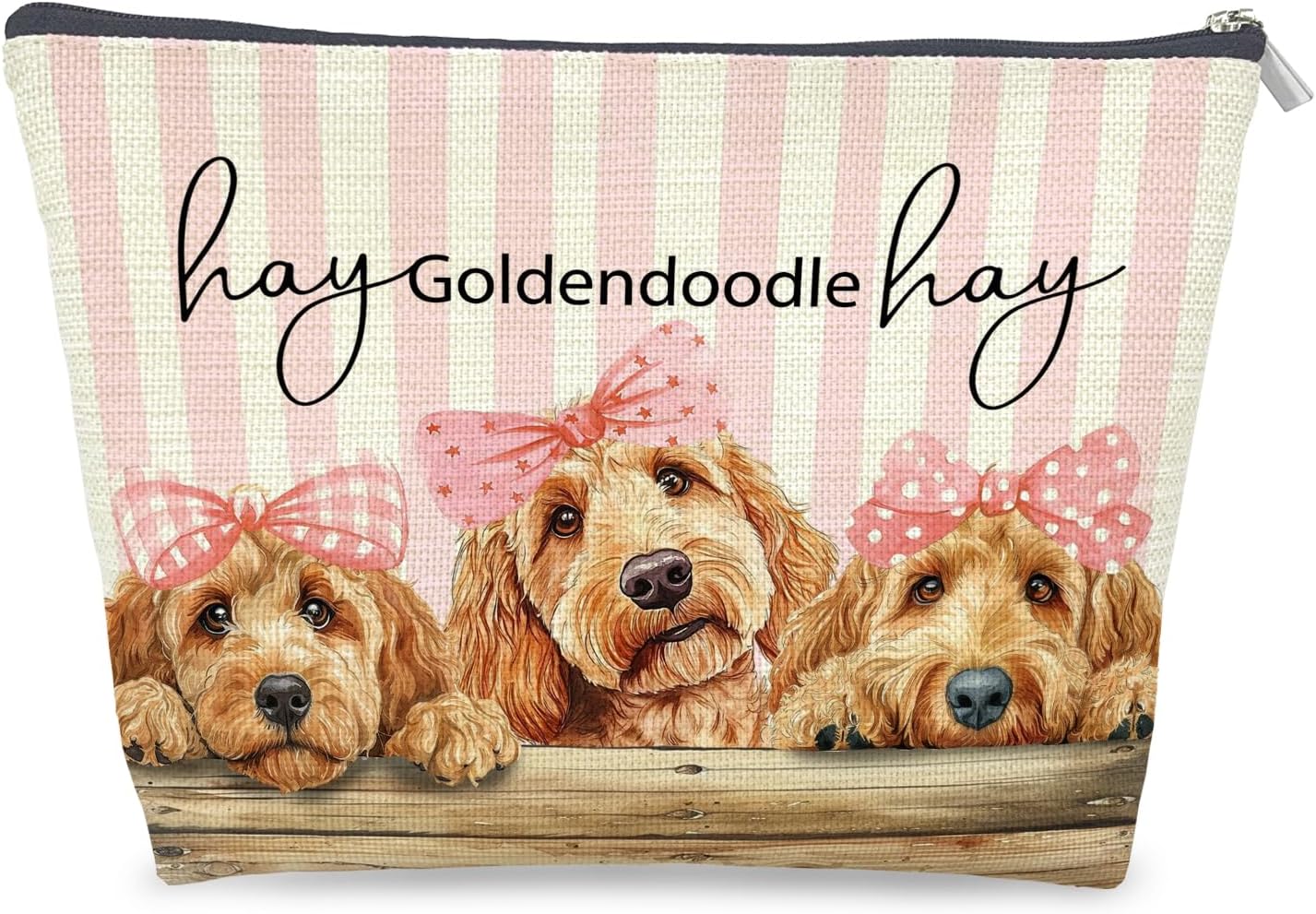 Coquette Goldendoodle Makeup Bag Gifts for Women, Preppy Pink Bow Goldendoodle Cosmetic Bag, Girly Golden Doodle Dog Striped Zipper Makeup Pouch Travel Toiletry Bag