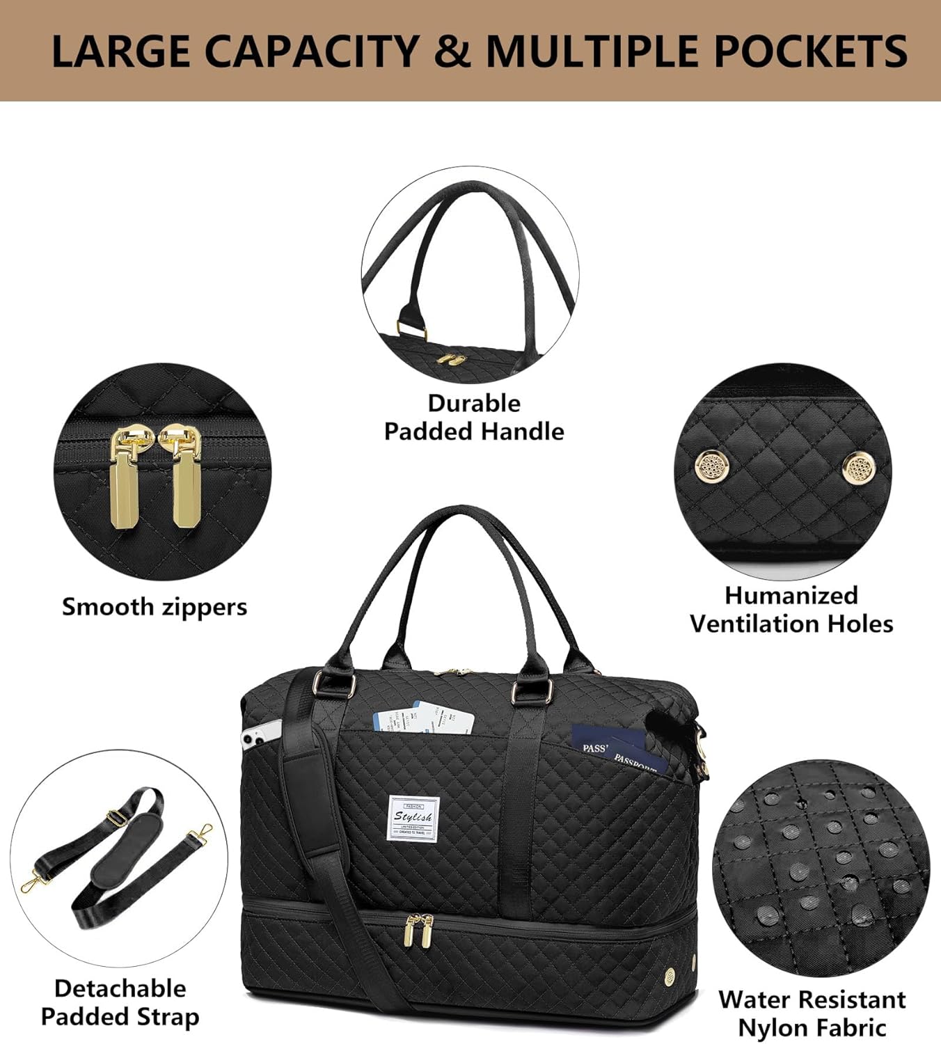 Women Weekender Travel Duffle Bags: Duffel Overnight Bag with Shoe Compartment Large Carry on Tote Bag Toiletry Bag Weekend Yoga Gym Bags with Wet Pocket Hospital Bags for Labor and Delivery Black