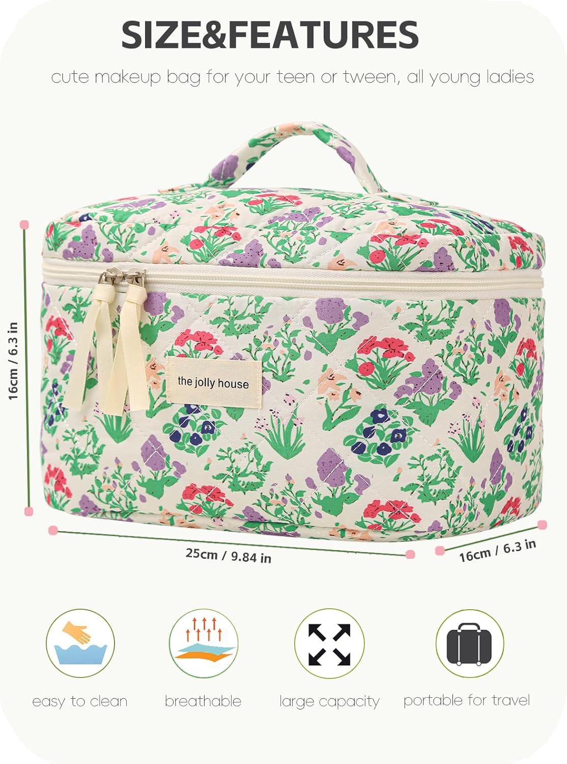 Large Travel Quilted Makeup Bag for Women Girls, Floral Cosmetic Bag, Cute Coquette Aesthetic Flowers Toiletry Organizer Bag Purple Flower