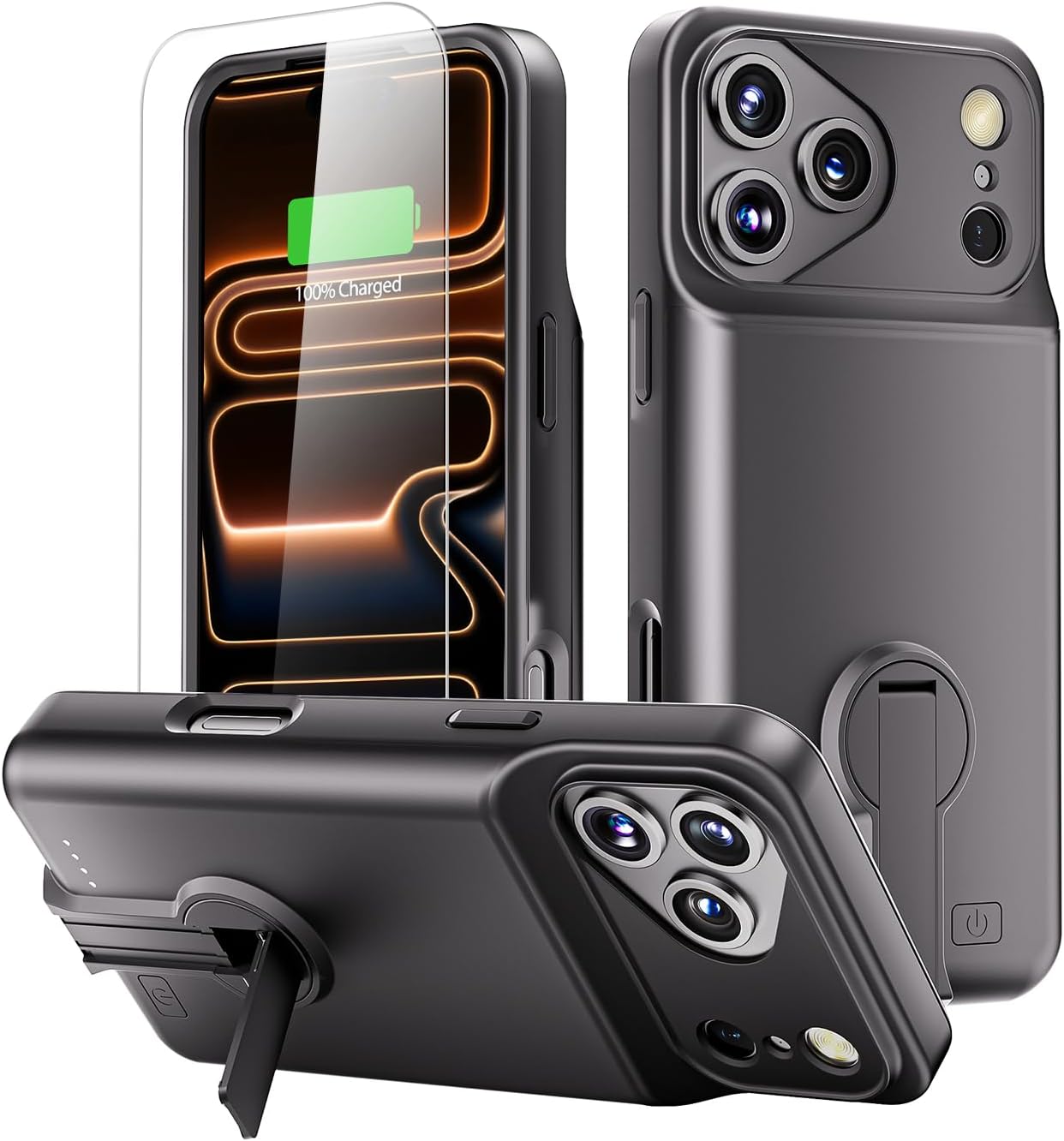 GIN FOXI for iPhone 17 Pro Max Battery Case with Stand, Charging Case Charger 8500mAh Ultra-Slim Lightweight Powerful Battery Pack 15W Fast Rechargeable Anti-Fall TPU Juice Box (6.9") Black