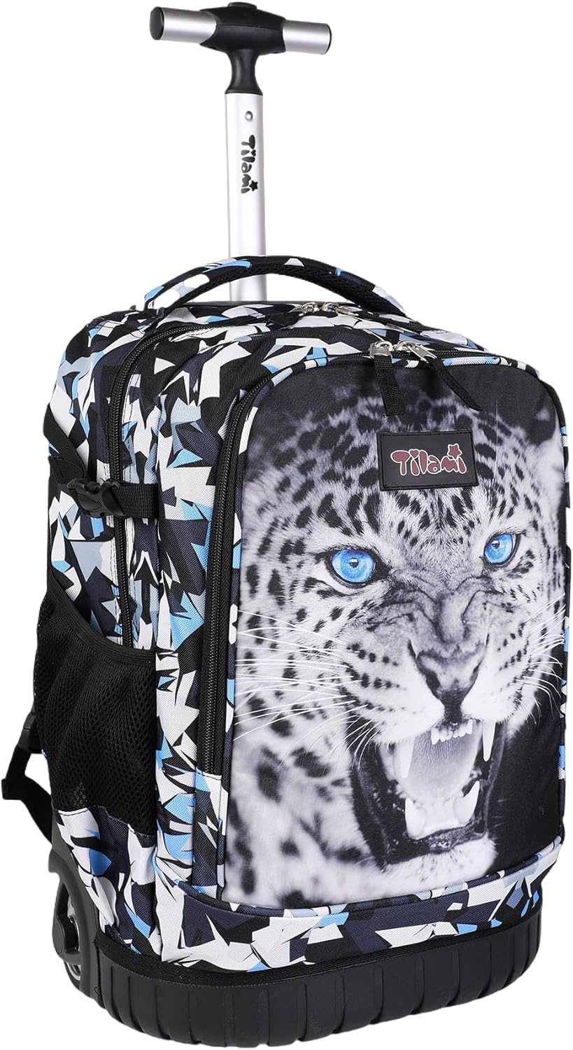 Tilami Rolling Backpack, 18 inch Shoulder Drop, Concealed Pockets and Wheel Cover, Laptop Backpack for Boys and Girls, Leopard Black