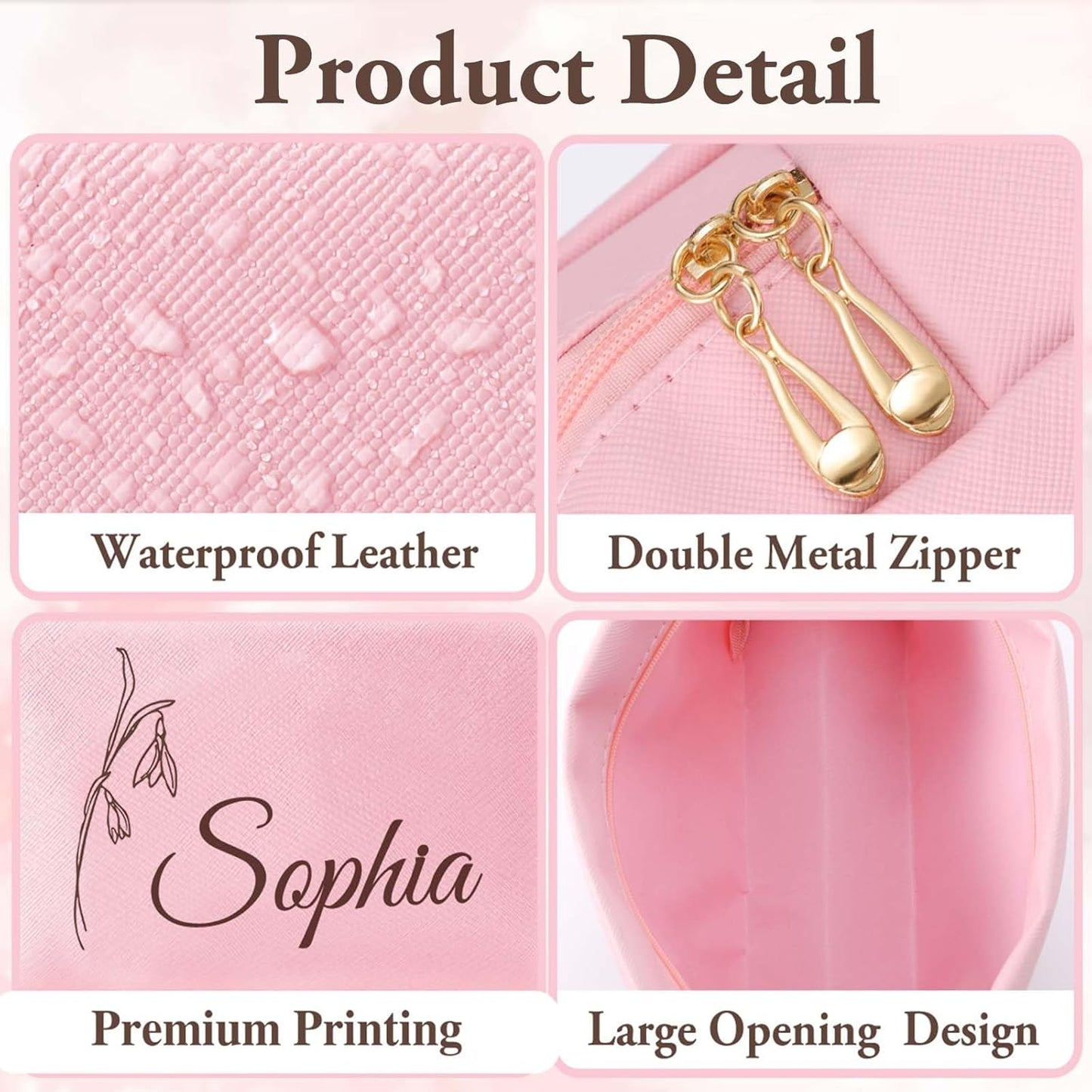 Personalized Makeup Bag with Name & Birth Flower, Custom Leather Cosmetic Bags for Women, Customized Travel Toiletry Bag Gifts for Bridesmaid Wedding