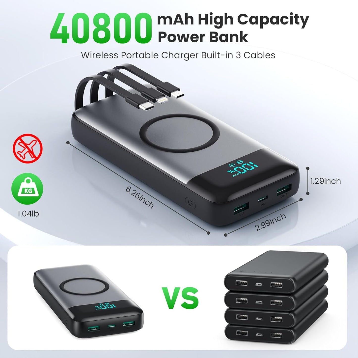 Wireless Portable Charger 40800mAh for iPhone with 3 Built-in Cables,7-in-1 15W Wireless Charging USB C Power Bank, 25W PD QC4.0 Fast Charging Travel Essential Battery Pack for iPhone 17/16/15,Android