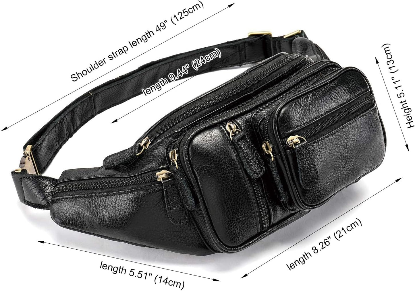 Genuine Leather Fanny Pack large capacity Crossbody Waist Bag with Zipper phone Pockets black