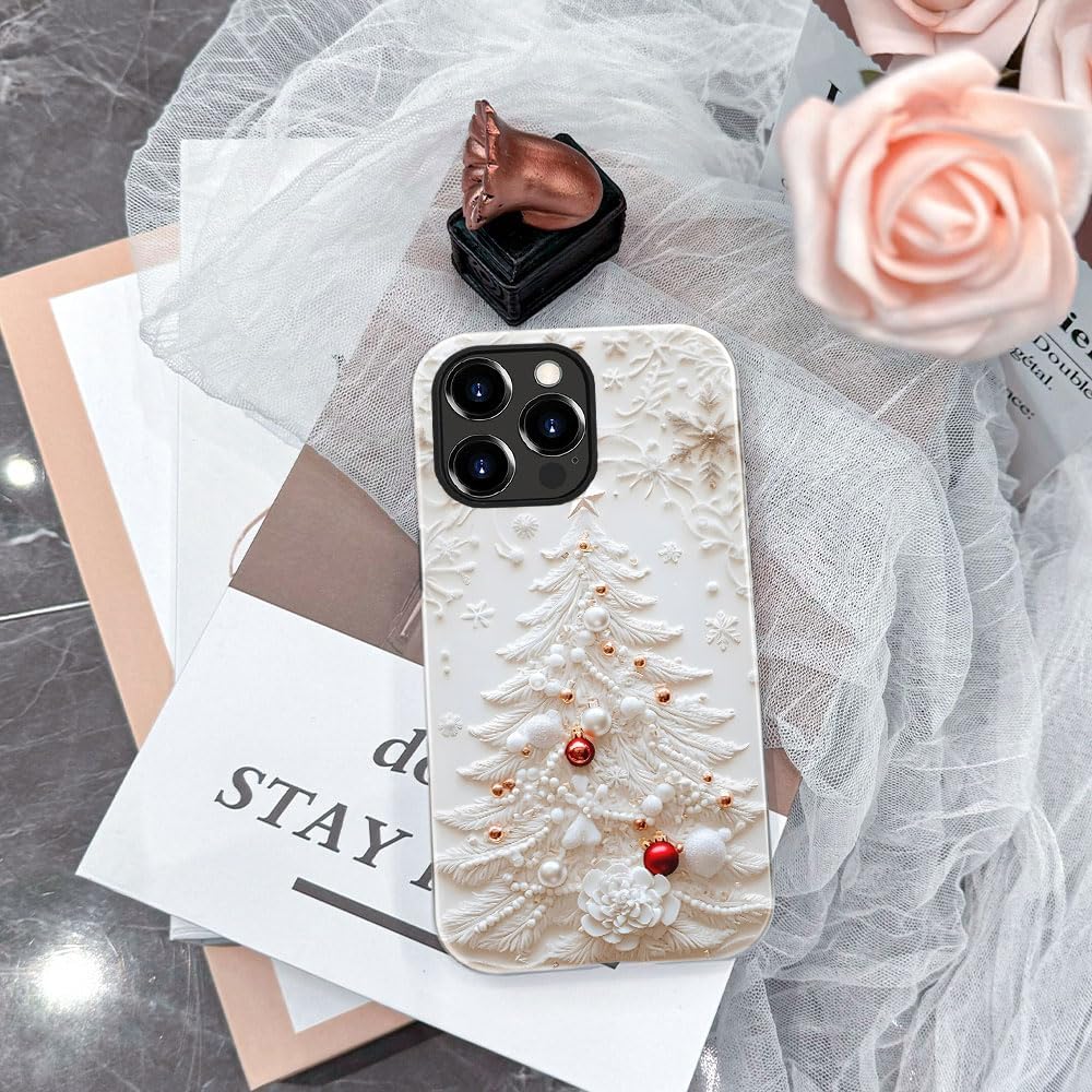 Case for iPhone 15 Pro Max - Slim Fit Anti-Scratch Phone Case for Girl Women - Christmas Tree White (Glossy)