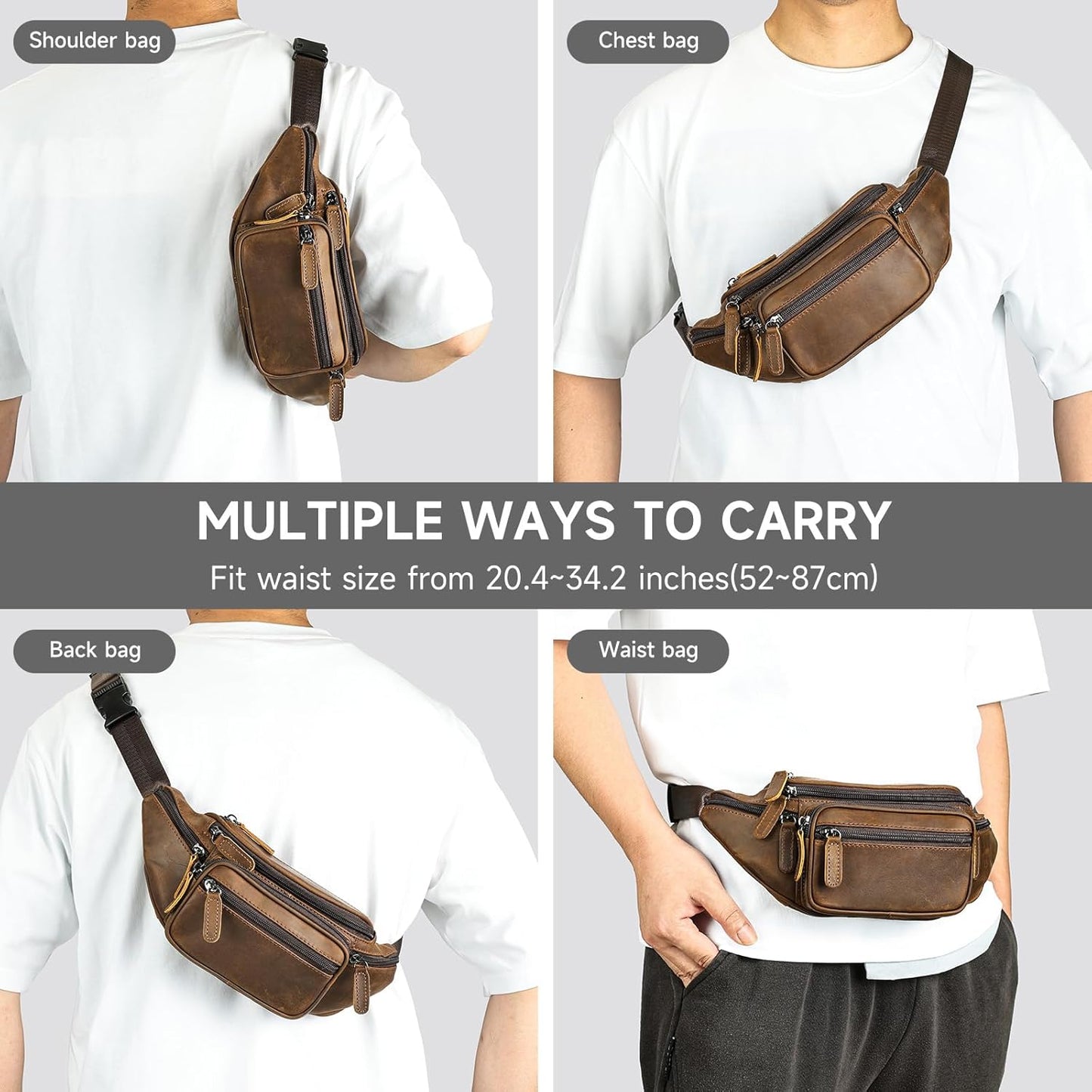 Crazy Horse Genuine Leather Fanny Pack for Men Women Crossbody Waist Bag Running Sling Phone Purse (Coffee)