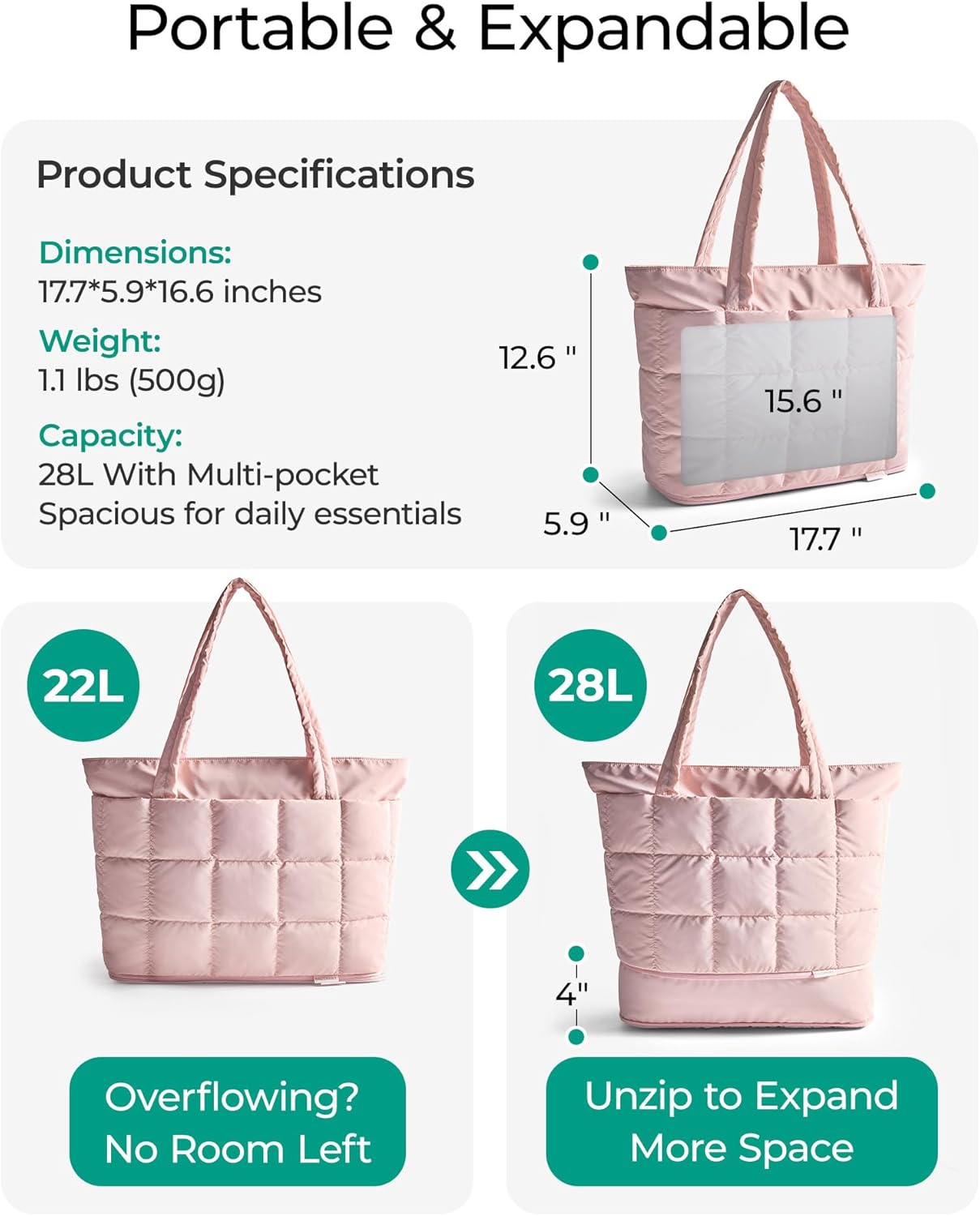 BAGSMART Expandable Tote Bag for Women, Puffer Work Tote Handbag, Quilted Carry-On Travel Gym Bag