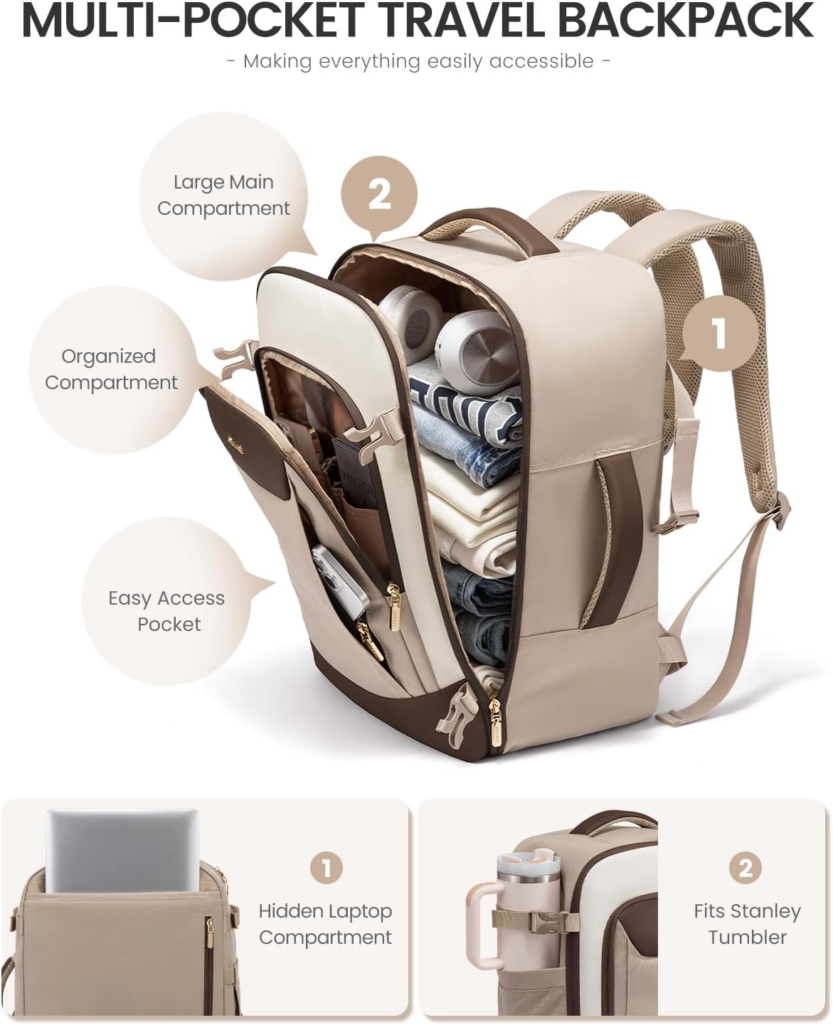 LOVEVOOK 40L Travel Backpack for Women Men, Large Carry on Backpack for Airplanes TSA Personal Item Travel Bag fits 15.6" Laptop, Waterproof Weekender Essentials Airline Approved with 2 Packing Cubes
