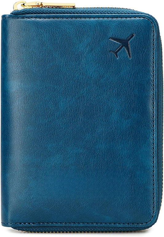 Genuine Leather Wallet Unisex Zipper Passport Holder RFID Blocking Waterproof - Vintage Travel Wallet (Peacock Blue)