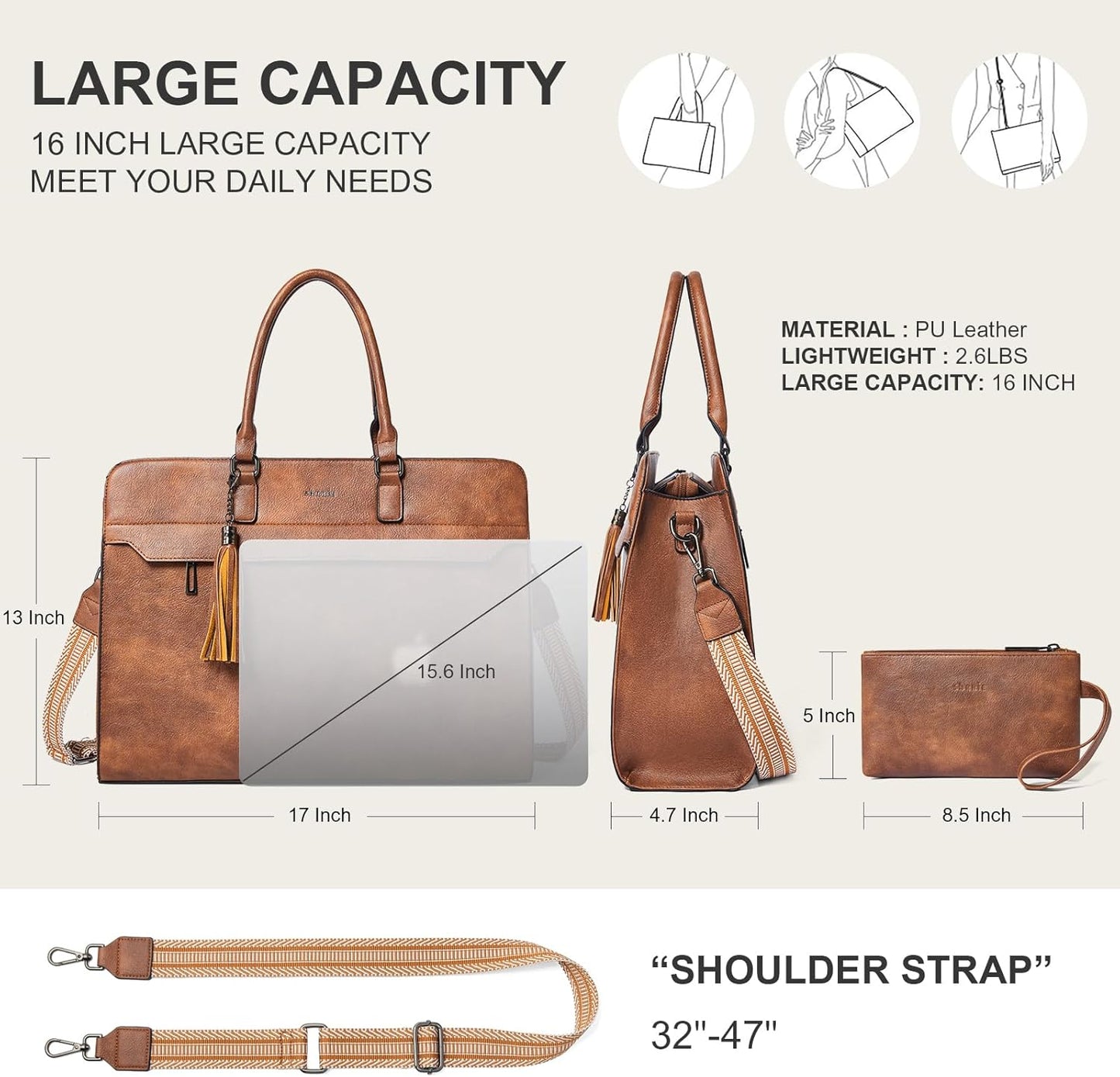Shrrie 15.6 inches Laptop Bag for Women,Water-Resistant Work Bag Laptop Tote Bag,Briefcase with Satchel Purse