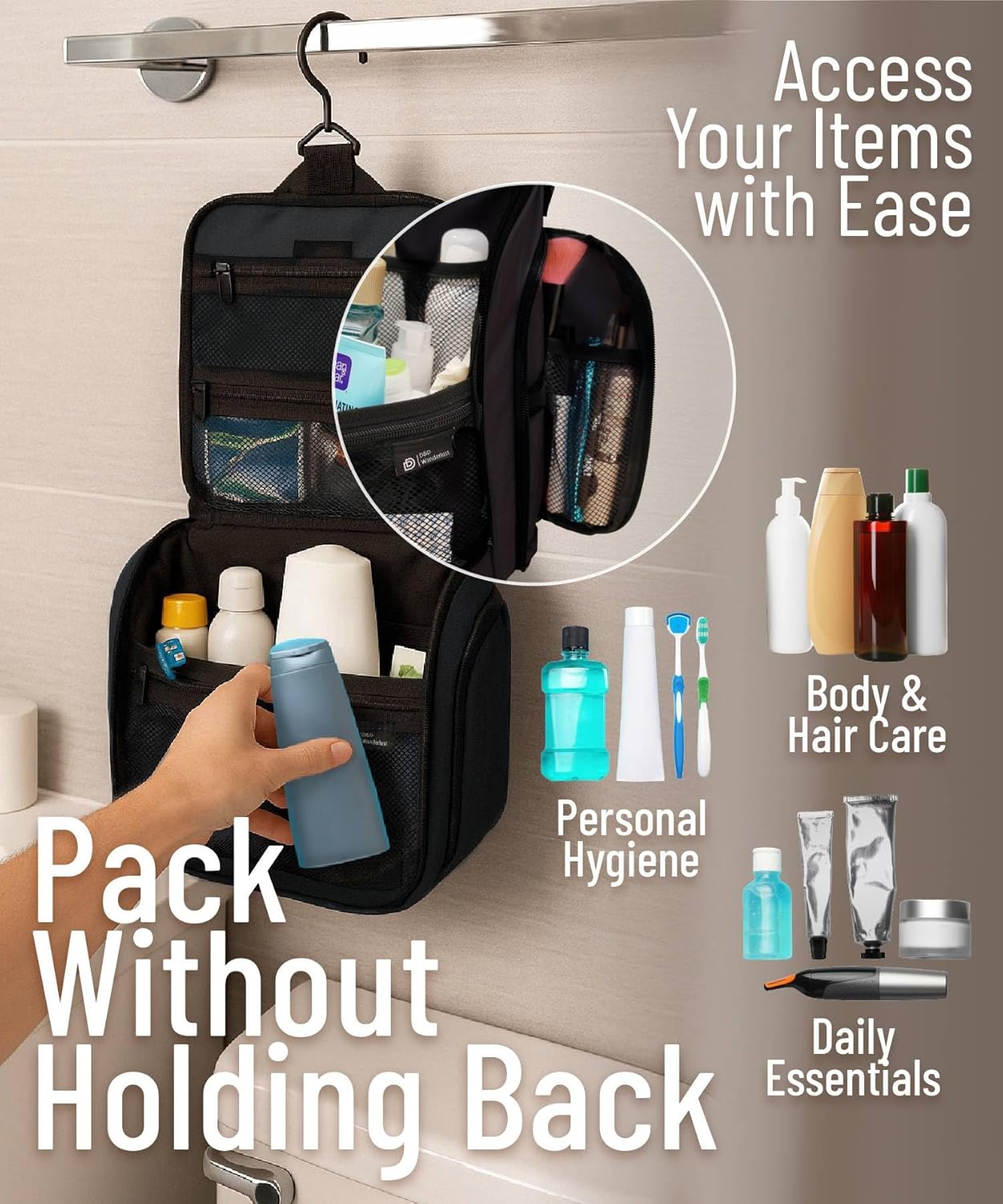 DD D&D Wanderlust D&D Hanging Travel Toiletry Bag for Men and Women – Cosmetics, Makeup and Toiletries Organizer Kit with 10 Compartments
