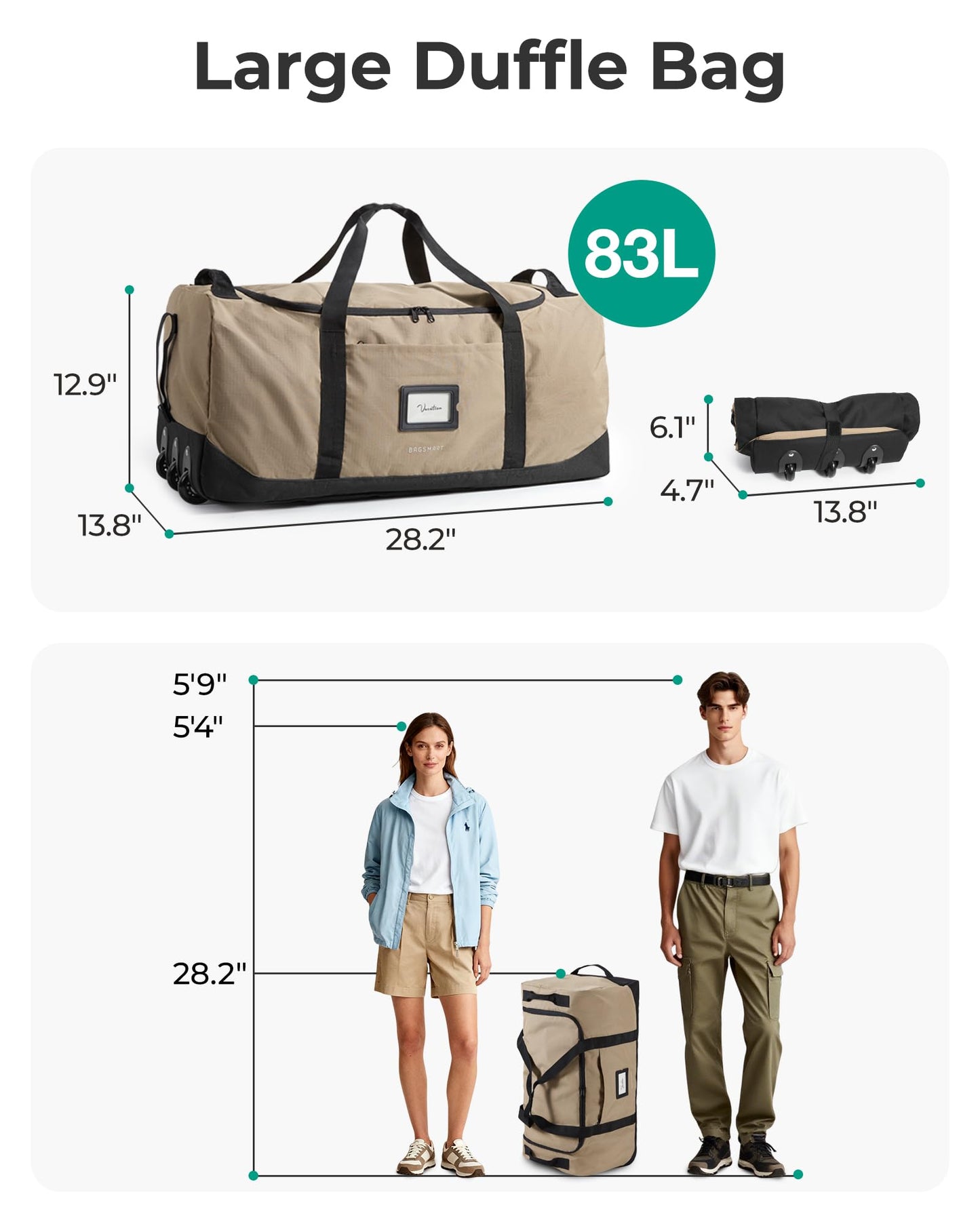 BAGSMART 83L Foldable Travel Bag, Large Duffle Bag Luggage for Travel