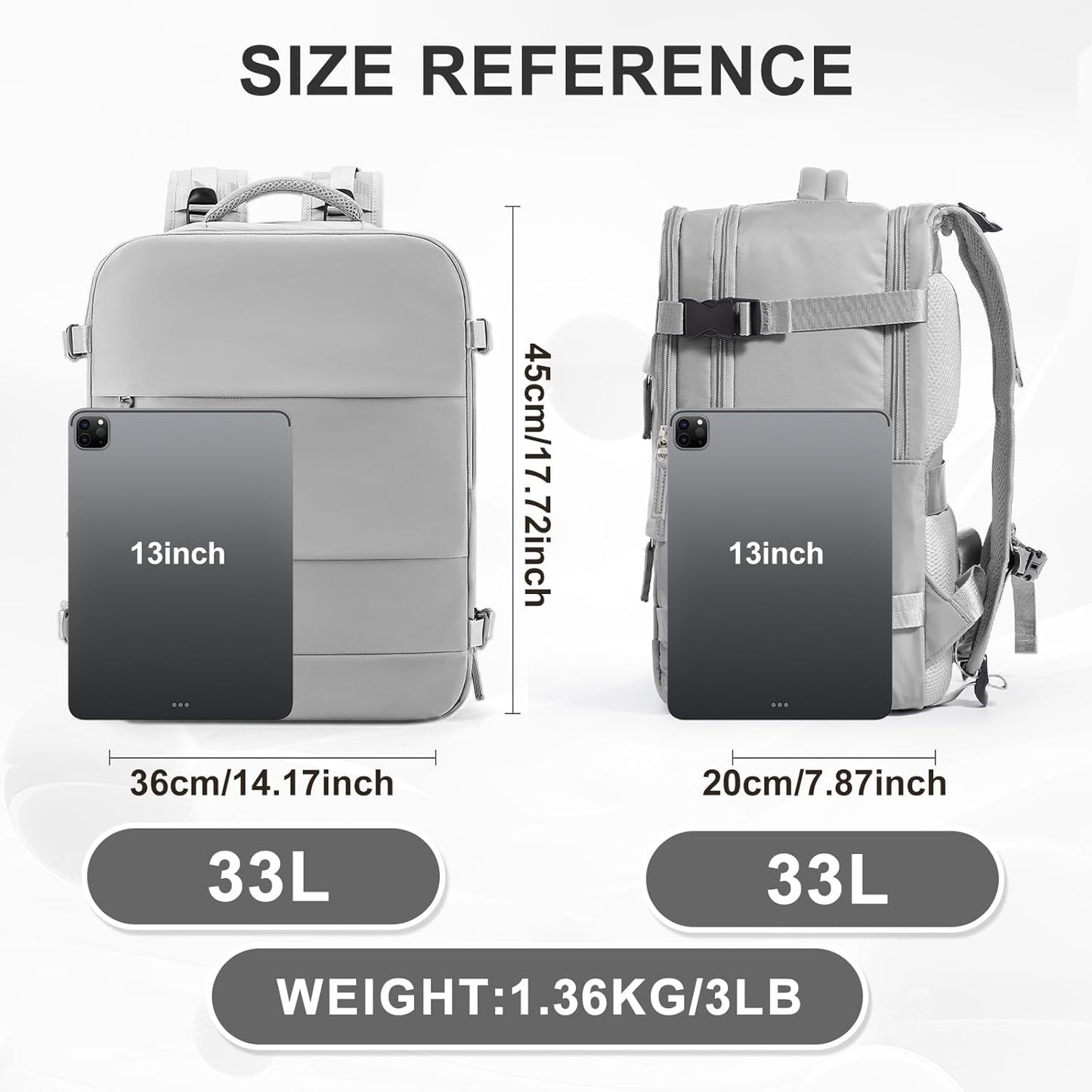 coowoz Large Travel Backpack Carry On for Women Man Gym Backpacks with Laptop Compartment Mochila de Viaje Teacher Personal Item Backpack Rucksack Airplane Accessories Must Haves Grey