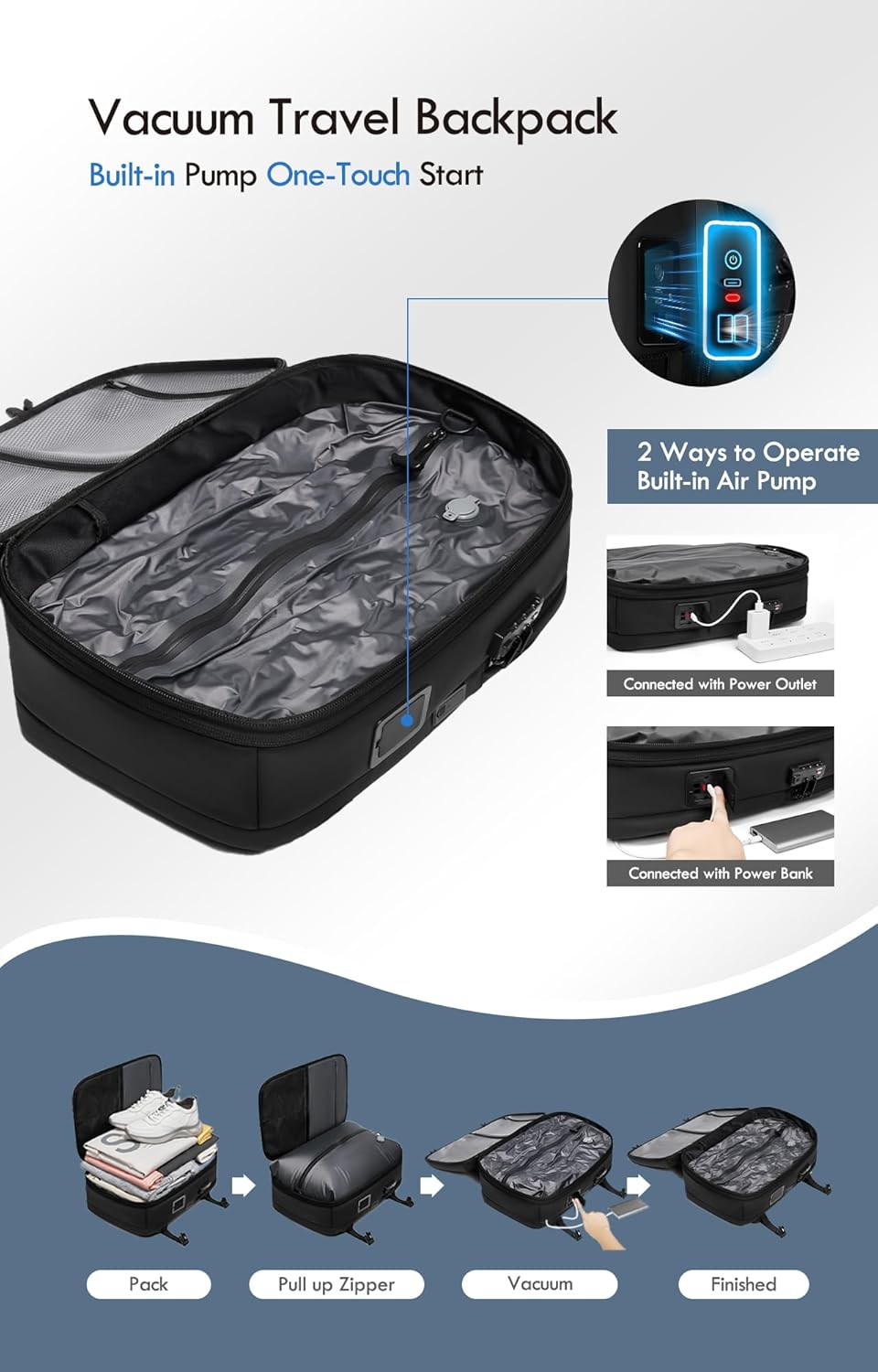 Vacuum Seal Backpack Travel with Built-in Pump 80L Expandable Travel Backpack with Vacuum System