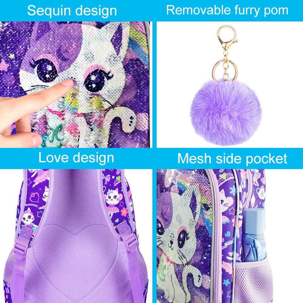 UFNDC 3PCS Backpack for Girls with Lunch Box,16”Kids Sequin Bookbag with Lunch Box, School Bag for Elementary Toddler